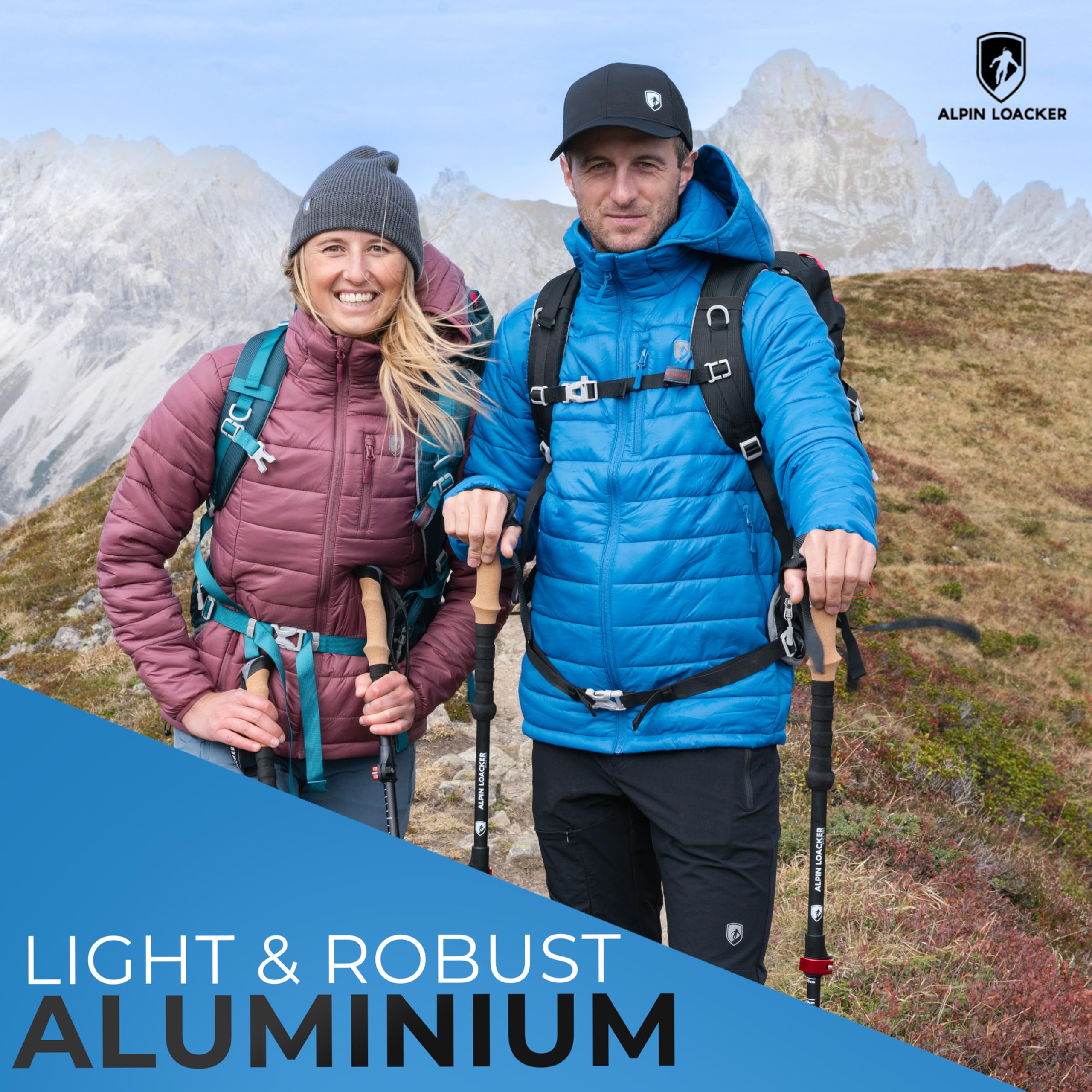 Alpin Loacker Telescopische wandelstokken Carbon met kurkgreep, lichte Nordic Walking-stokken voor dames en heren, voor skiën en wandelen, trekkingstokken, telescoop voor bergsport