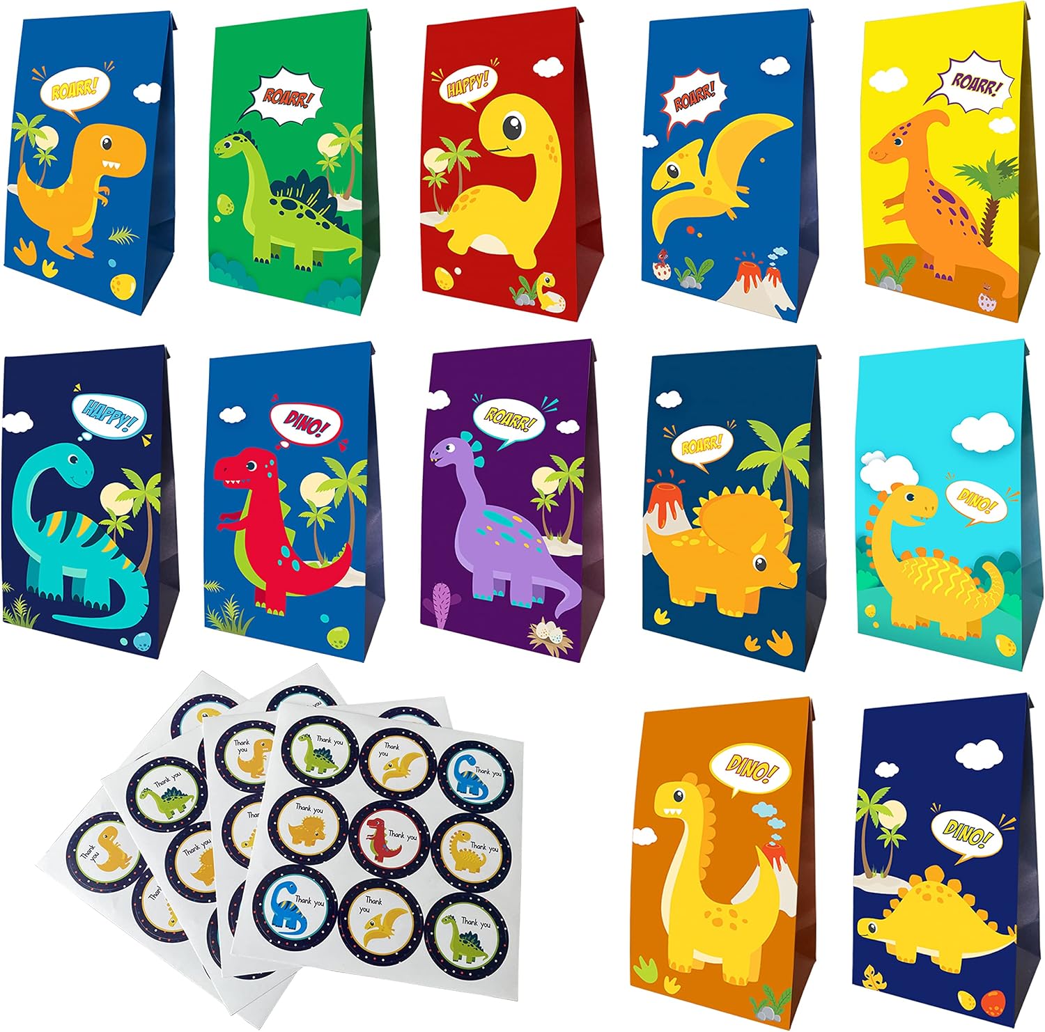 Time4Relax Dinosaur Party Bags (24 Packs) for Kids Birthday Party Favor and Baby Shower – Dinosaur Candy Bags, Gift Bags with 12 Different Types for Jurassic Theme Party Suppliers