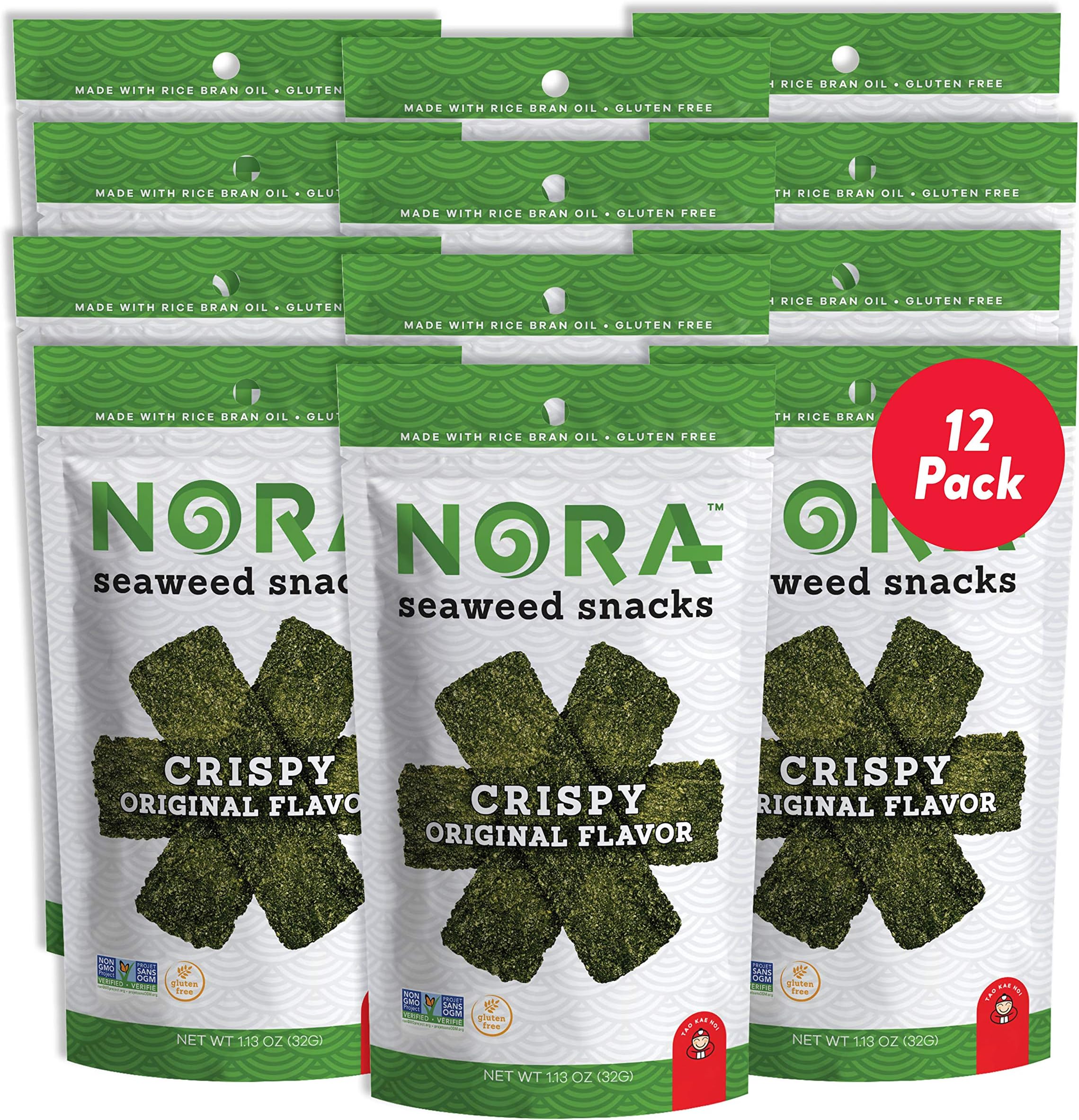 Original Crispy Seaweed Snacks by Nora, Low-Carb Healthy Snacks for Adults, Thick Nori Sheets Snack Strips, Asian Snacks, Vegan, Gluten-Free, Non-GMO, 12-Pack