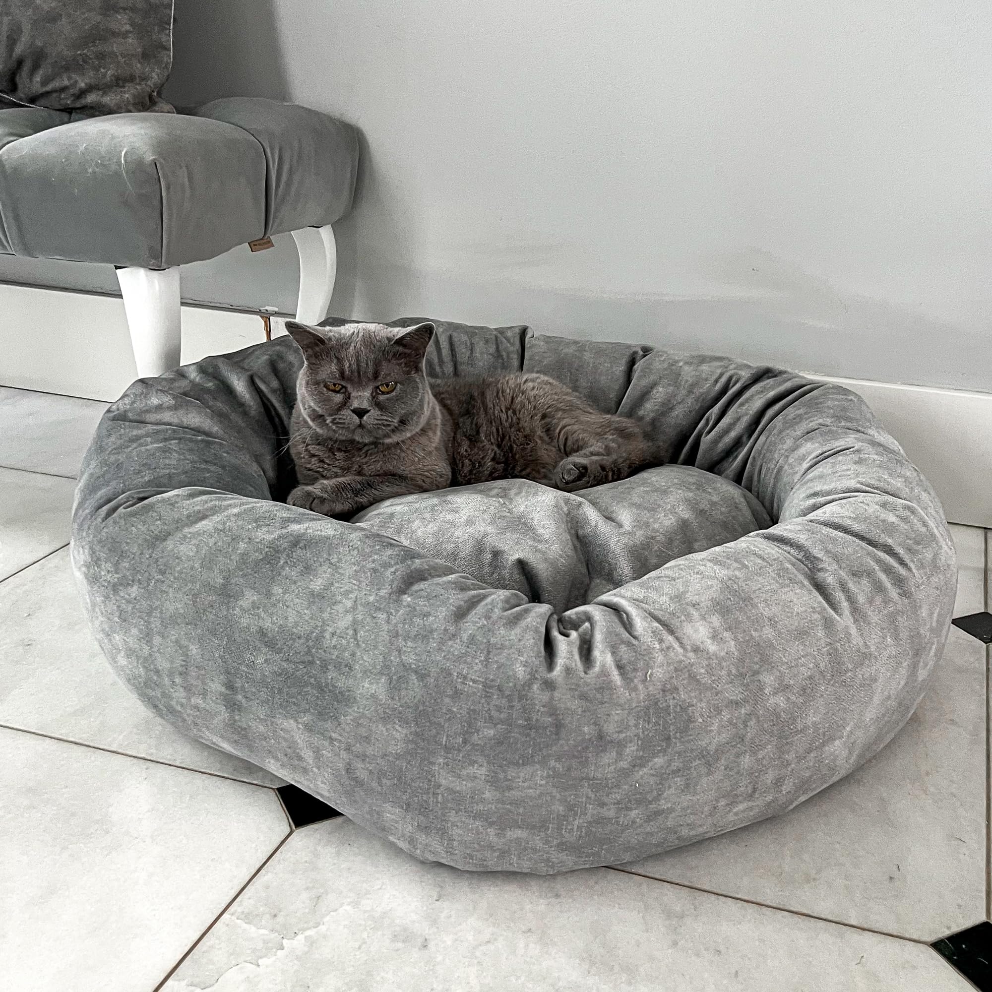 Donut Haustierbett, Bezug abnehmbar zum Waschen, Katzenbett, rundes Hundekissen mit hochgezogenen Rändern, tierfreundliches Polstermaterial (M (80cm))