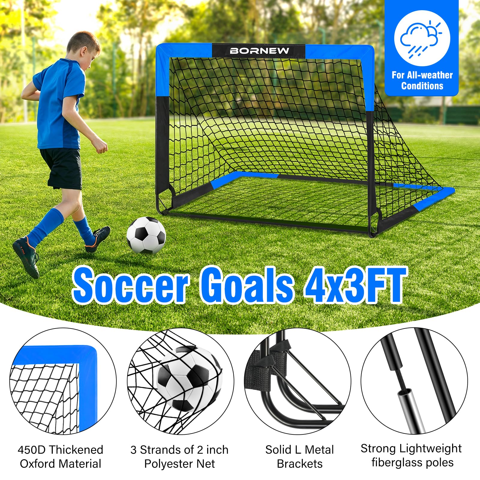 BORNEW Paquete de 2 porterías de fútbol para patio trasero e interior para niños, 7 x 5, 6 x 4, 4 x 3 pies, redes de fútbol portátiles para jóvenes y adultos, juegos al aire libre, equipo de