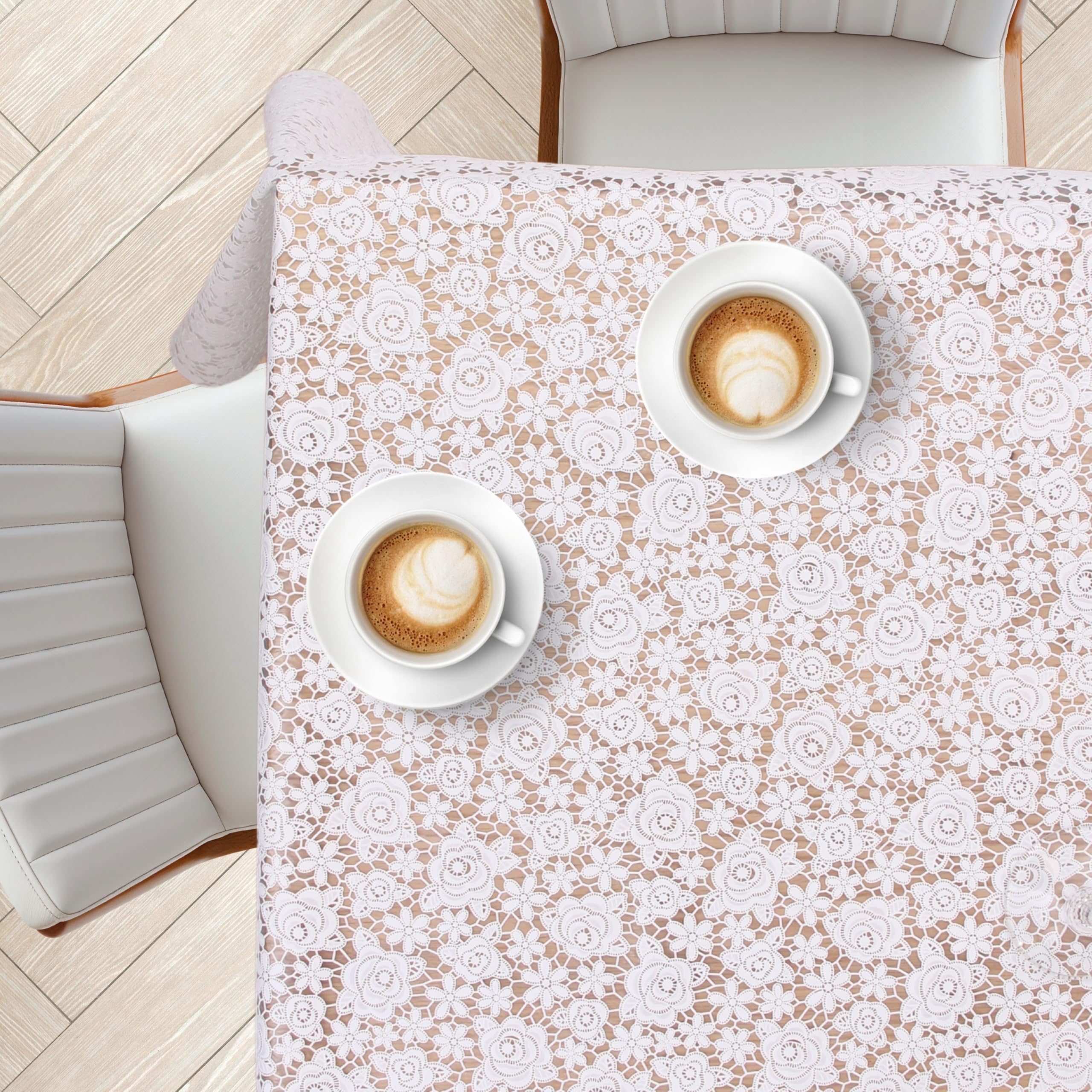 Kp Home White Rose Lace Lace Embroidery - Waterproof Wipe Clean Tablecloth Rectangular 78.7"X 53.9" (200X137cm) - Wipeable Plastic Table Cloth Vinyl Pvc Oil Cloth Table Cover - Pattern
