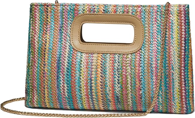 Convertible Trendy 2025 Faux Wicker & Raffia Clutch Purse for Women with Crossbody Strap in Neutral Tones