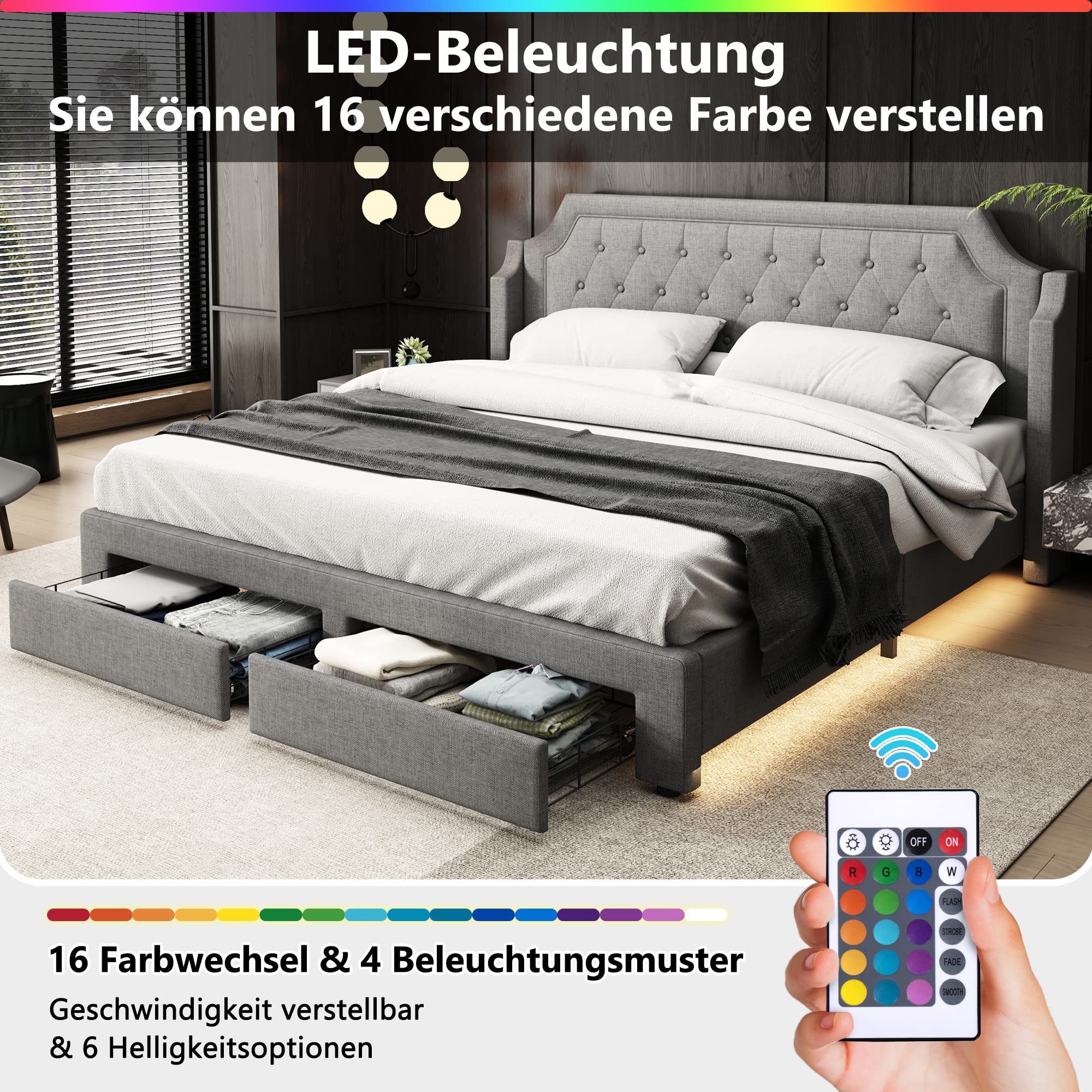 Letto Matrimoniale con Contenitore 180x200 cm con LED e USB, Letto una piazza e mezza con Testiera Regolabile e Vano Portaoggetti, Letto Contenitore con rete a doghe, Struttura Letto Matrimoniale