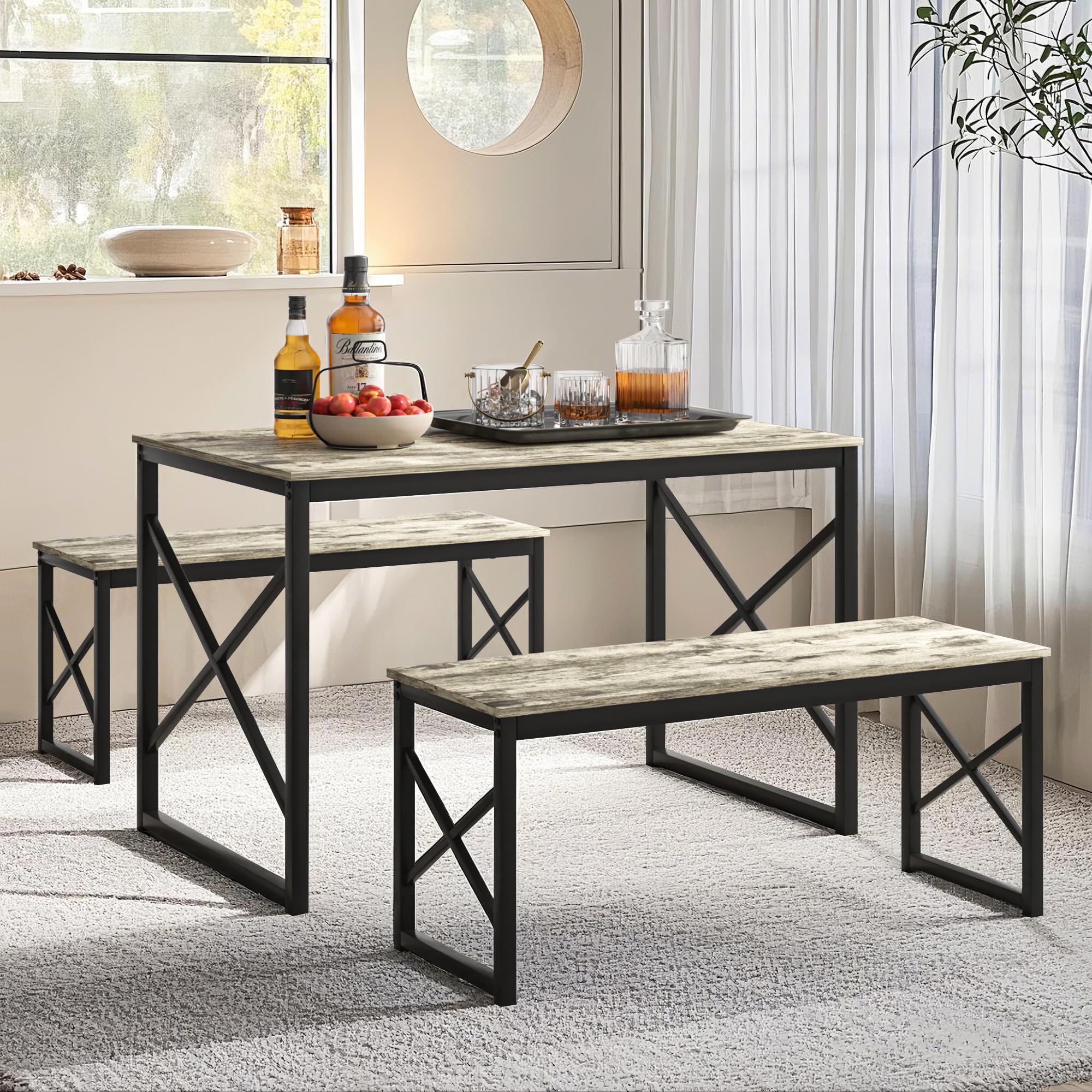 VECELO 4-Person Wood Dining Table Set for Small Space Grey