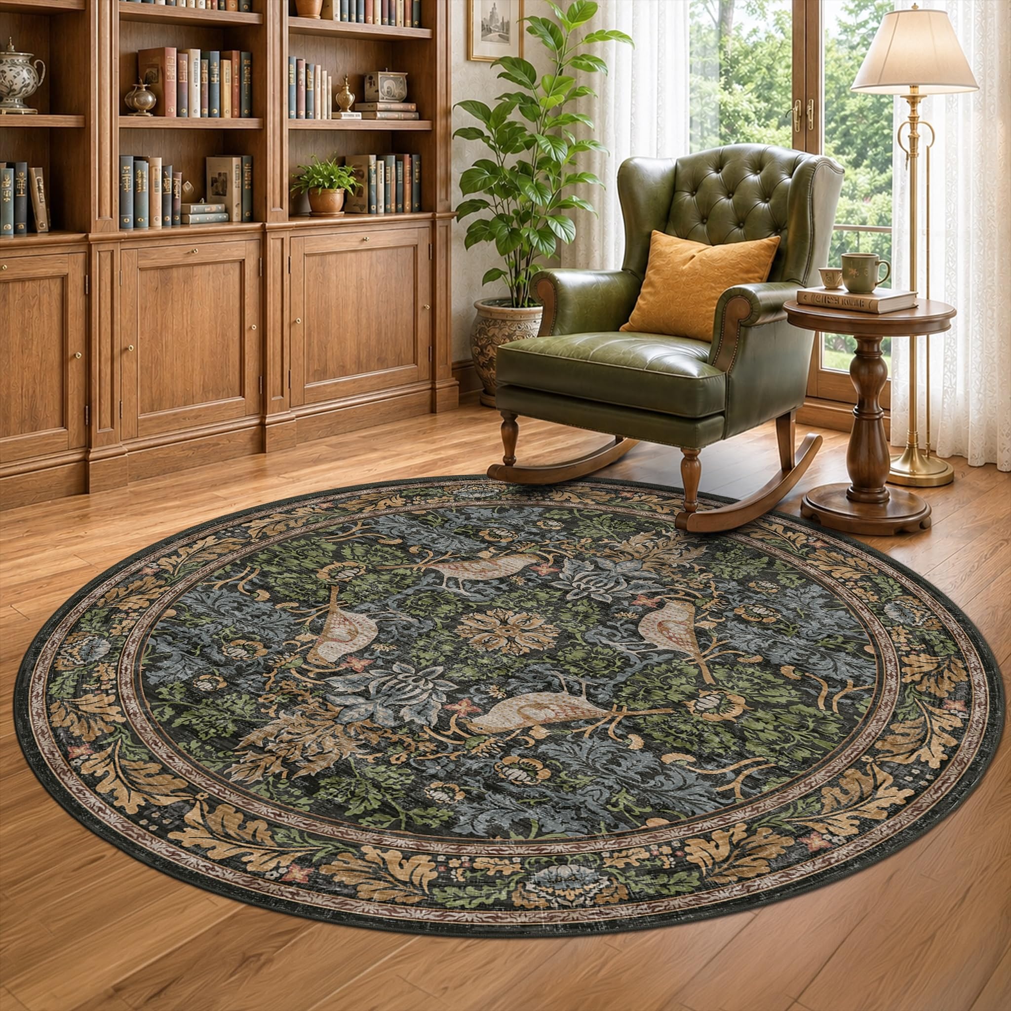 Hazo Haus Floral Bird Green Round Rug