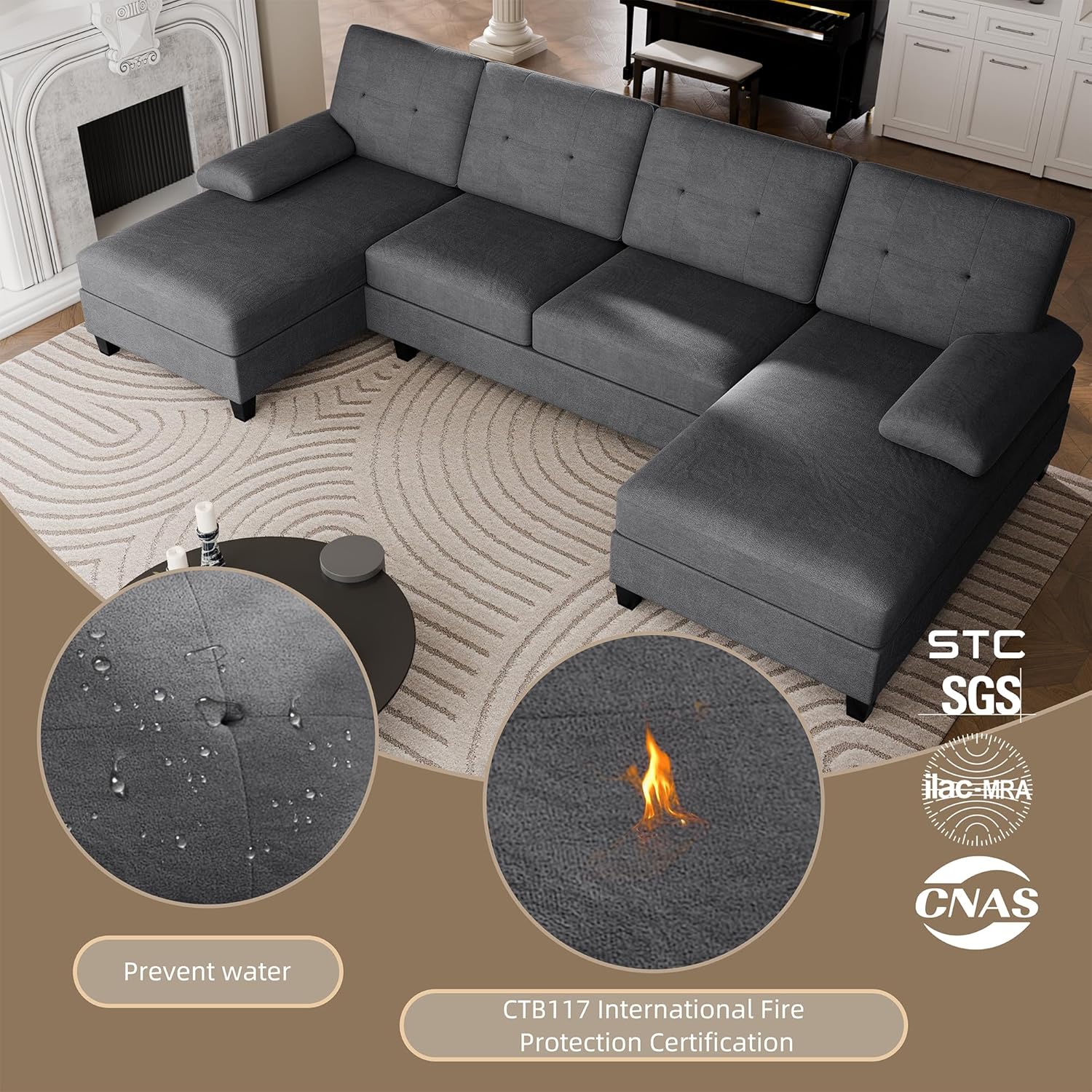 Diagram showing water resistance and fire protection certification for the sofa fabric.