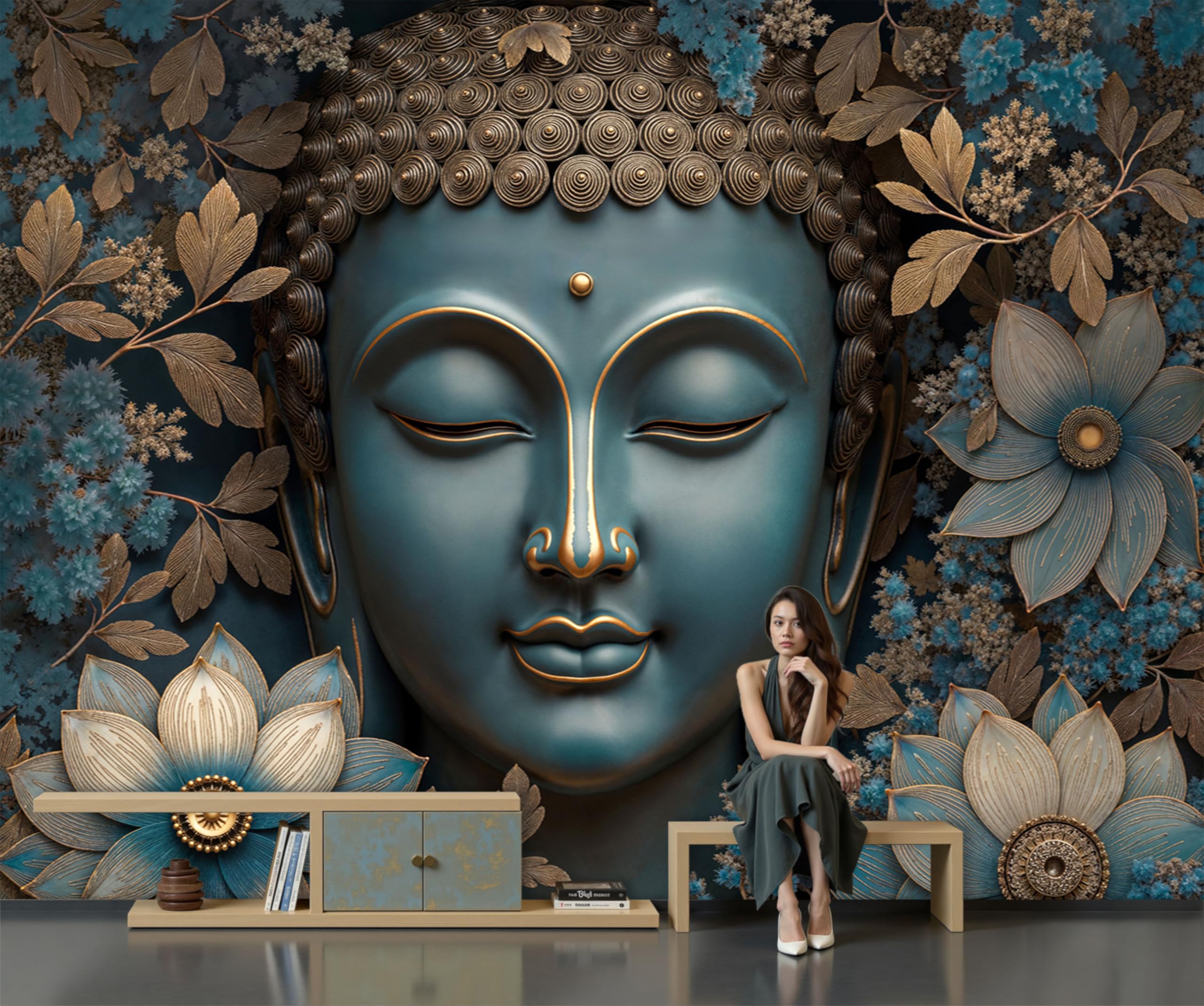 Carta Da Parati Fotografica Scultura Floreale Zen 3D Panorama Piante Bronzo, Paesaggio Lusso Per La Meditazione Carta Per Pareti Soggiorno Camera Da Letto Fotomurali In Tessuto Non Tessuto, 400X280Cm