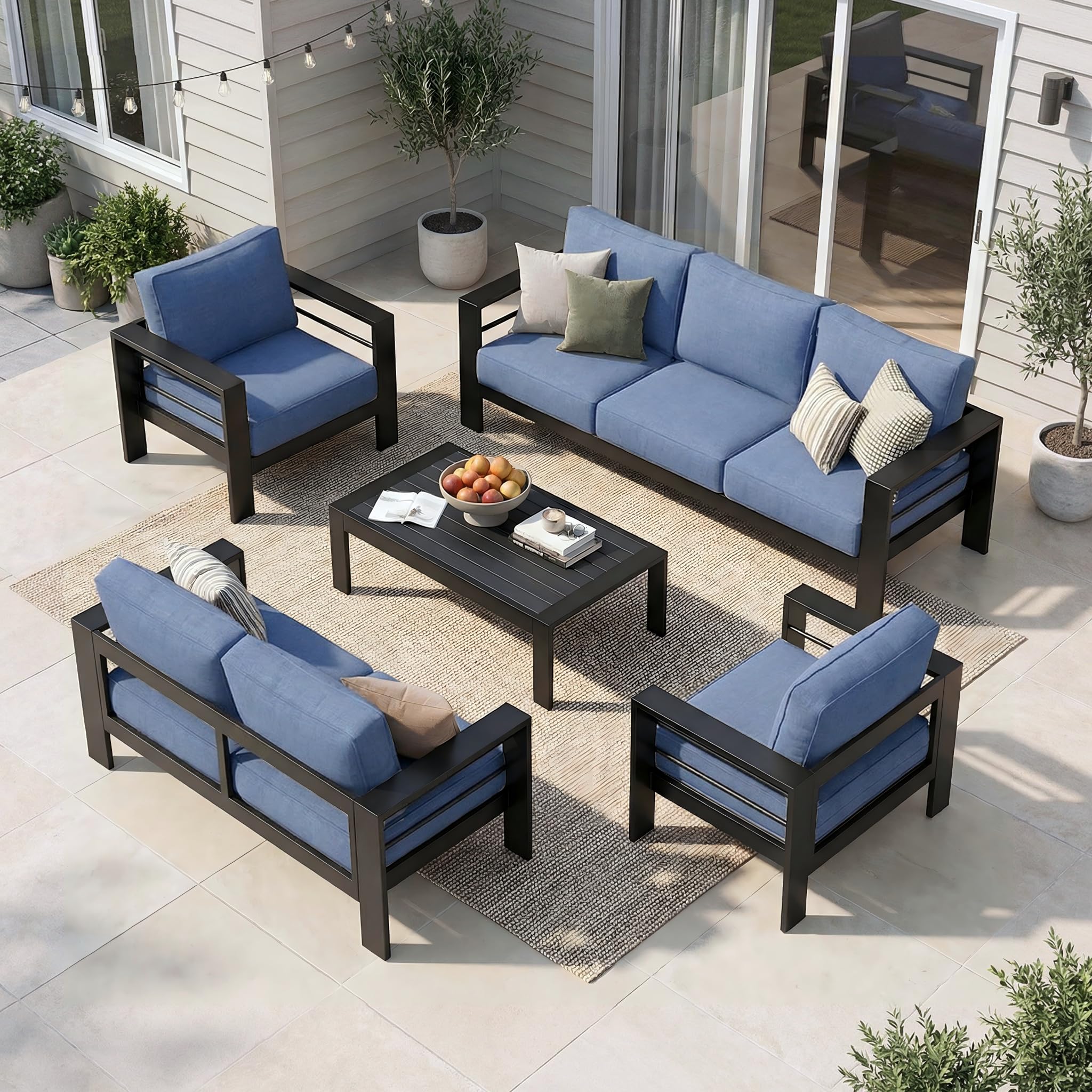Solaste Aluminum Patio Furniture Set for All Weather, Modern Metal Outdoor Furniture Set with 27.5" Deep Seating and 3.2" Wide Armrest, Outdoor Patio Conversation Set with 10" Back Cushion, Blue