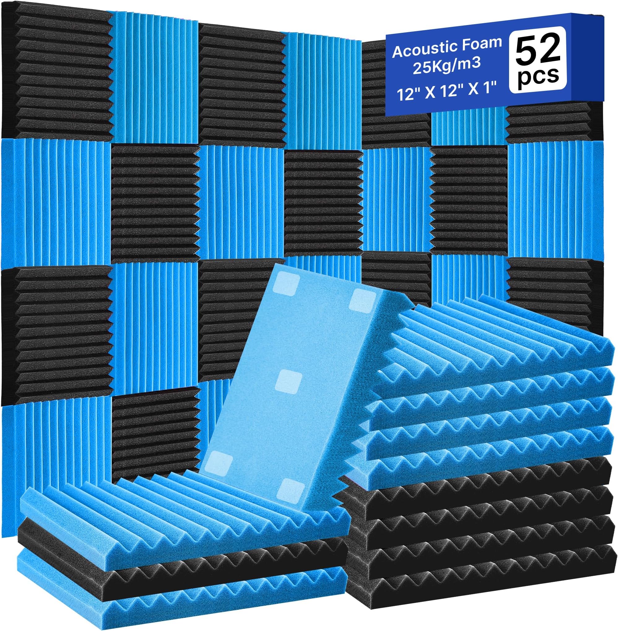 52 Pack Acoustic Foam Panels 1" x 12" x 12"Acoustic Wedge Studio Foam Sound Absorption Wall Panels (Black/Blue)