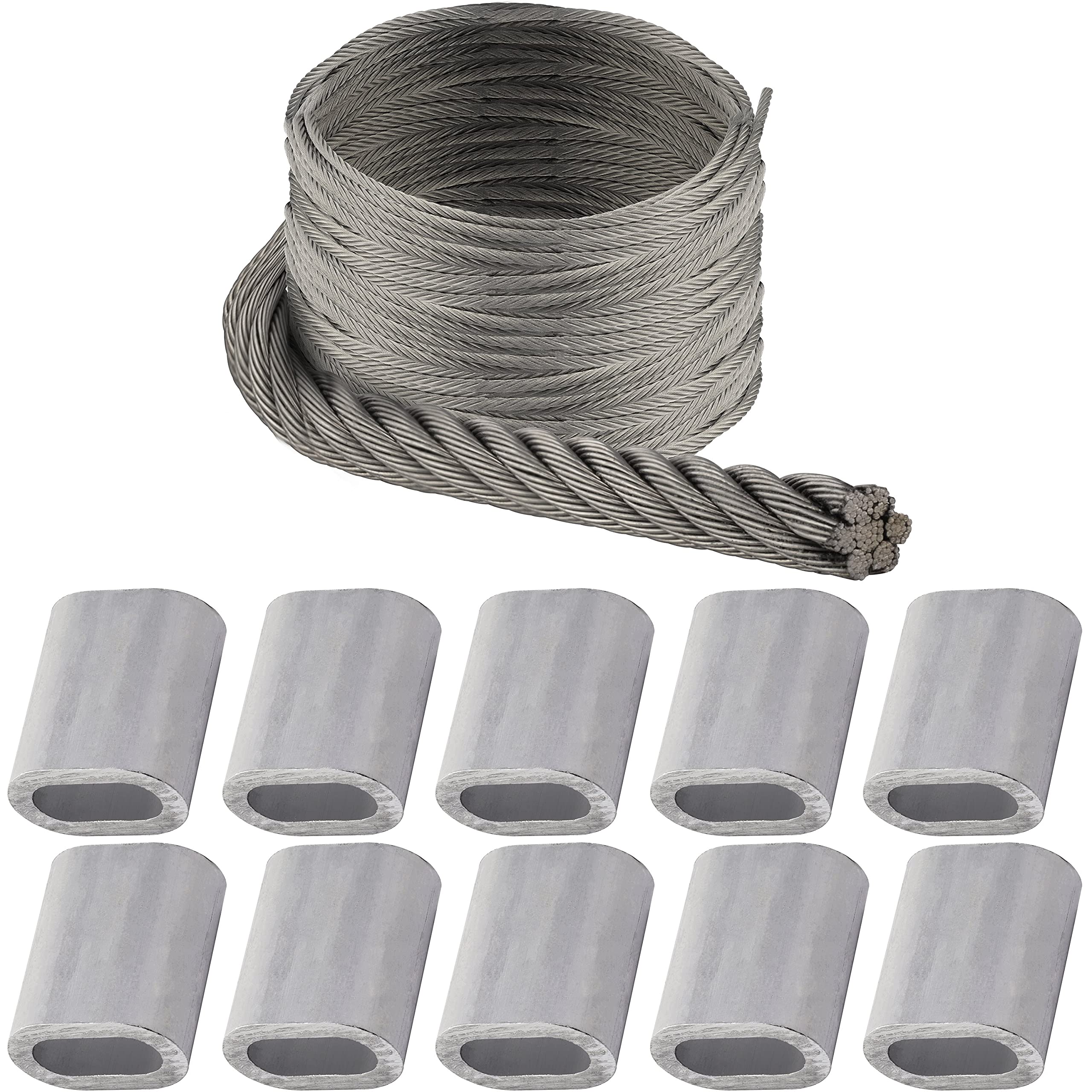 20m Drahtseil weich 7x19 6mm, 10x Pressklemme Aluminium 6mm Edelstahl A4 Set Drahtseil Seil Kabel Seilklemmen Seil Kasuchen Klemme Rankhilfe Sonnensegel