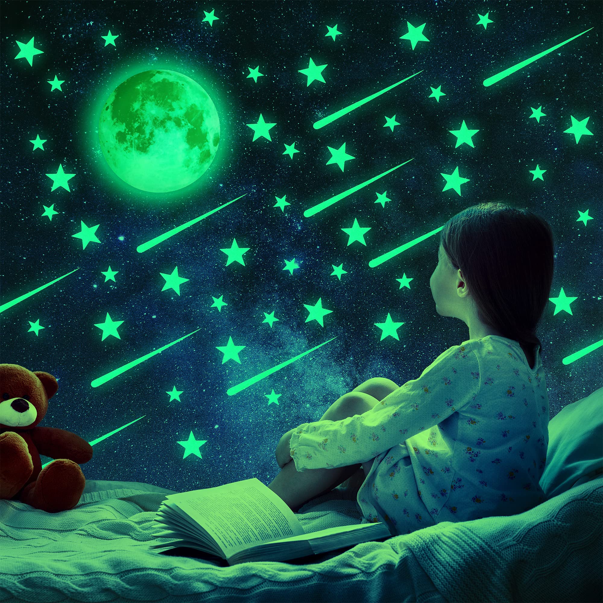 Big Bright Glowing Moon, 12 inch Full Moon + Bonus Set of Glow in The Dark Stars, Meteors || Premium Luminous Wall Sticker Decals for Kids Home Room Decorations