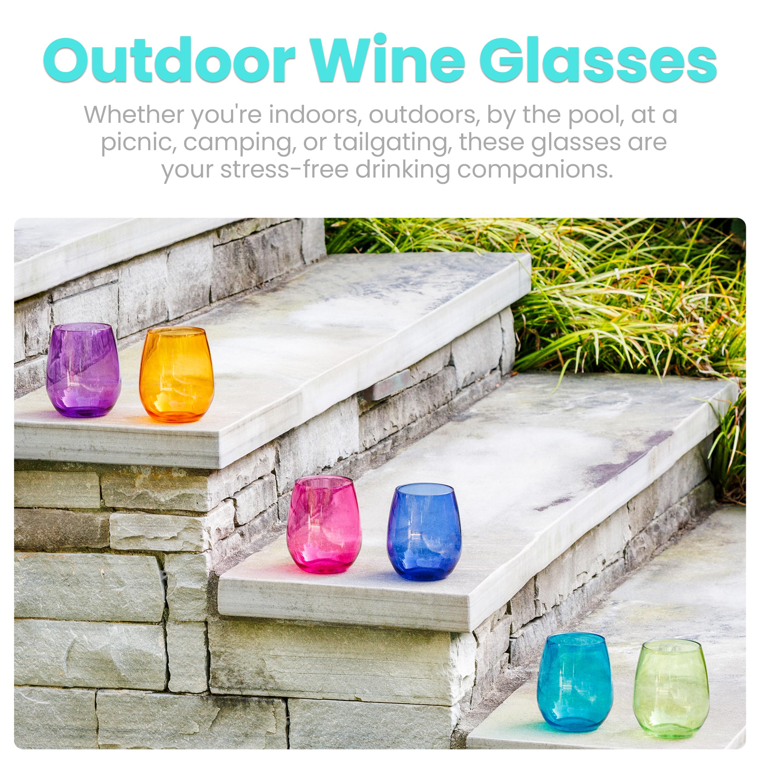 Juego de 6 copas de vino acrílicas de colores, copas de vino de plástico sin BPA, copas de vino acrílicas sin tallo, Tritan, aptas para lavavajillas, copas de vino irrompibles para exteriores, copas