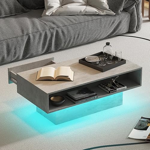 Miniatura 5 de Mesa de centro LED con 2 cajones de almacenamiento para sala de estar, mesa central moderna de cóctel, mesas de té, mesa de centro rectangular de
