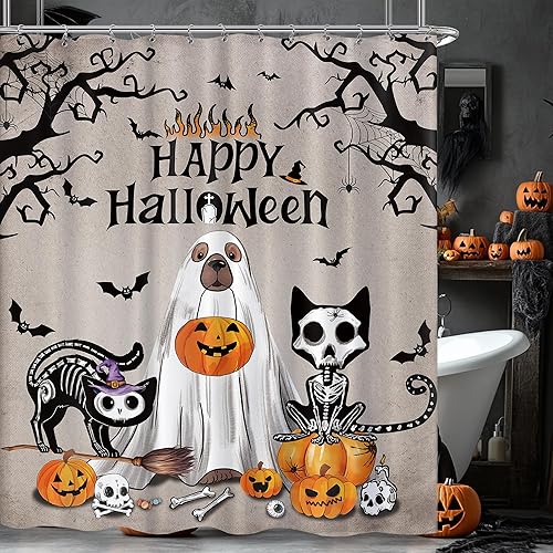 Cortina de ducha de calabaza espeluznante divertida para Halloween, fantasma, perro, gato, para baño, bonita y divertida decoración de bañera