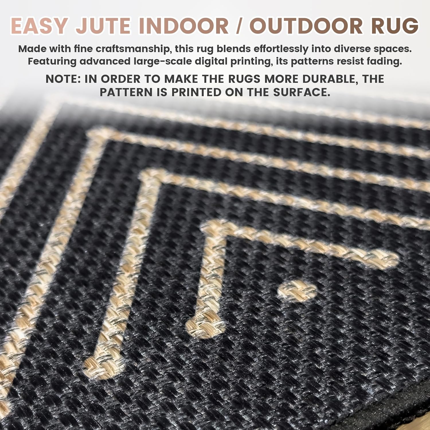 Washable Modern Geometric Easy Jute Rug, 5x7 Black Neutral Boho Outdoor Indoor Patio Farmhouse Large Area Rugs, Woven Lightweight Non Slip Carpet Mat for Living Dining Room Bedroom Classroom Backyard