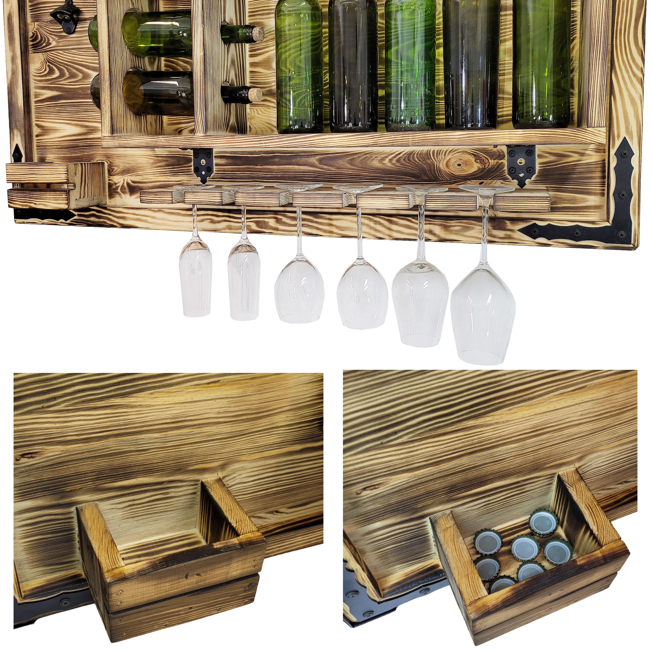 weeco Étagère en bois pour bar à la maison à suspendre - Fabriquée à la main - Style rustique - Étagère murale en bois - Pour bar à vin - Cadeau pour homme - Image 3D en bois