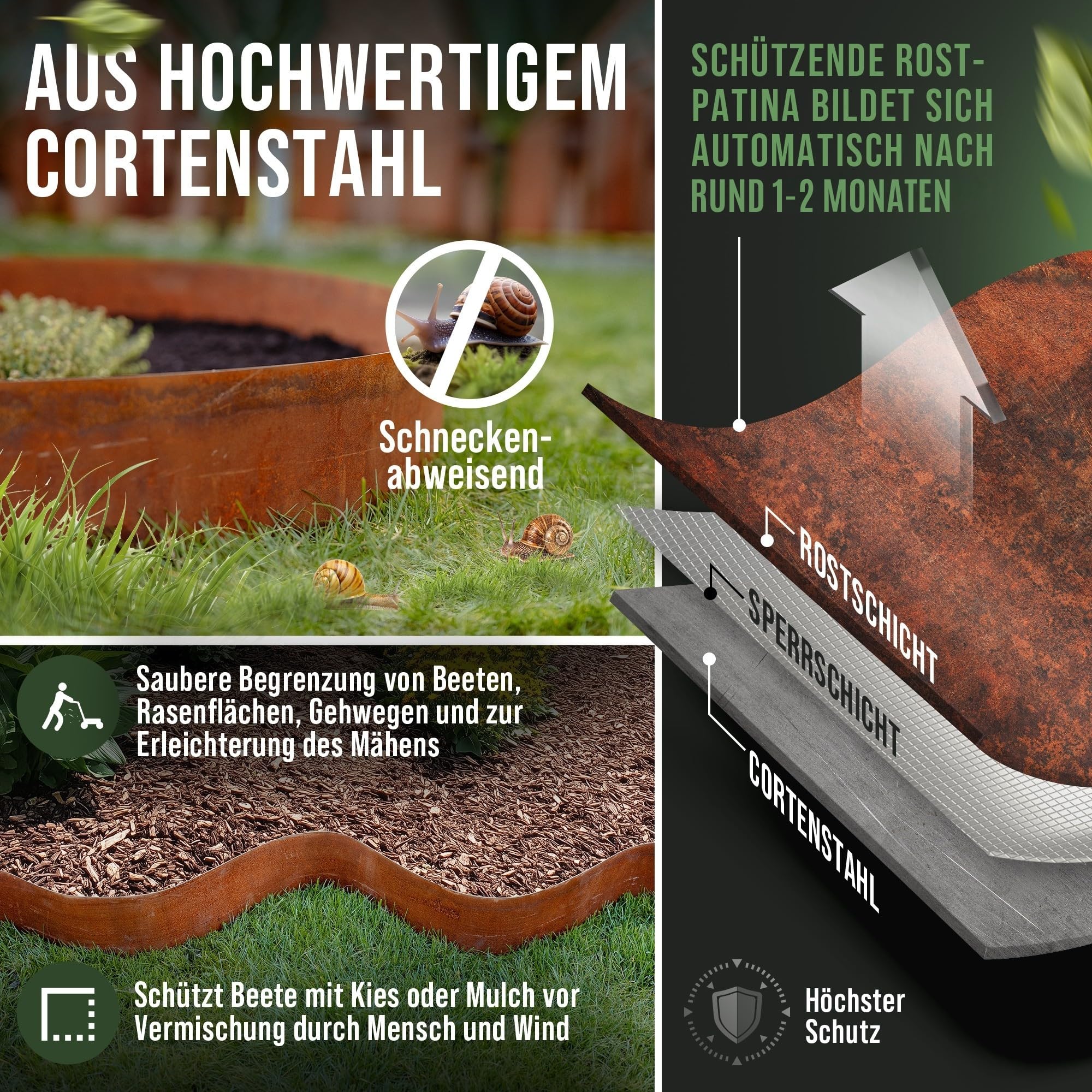 Cortenstahl Rasenkante [Schneckenabweisend] 10m x15cm, 1mm dick