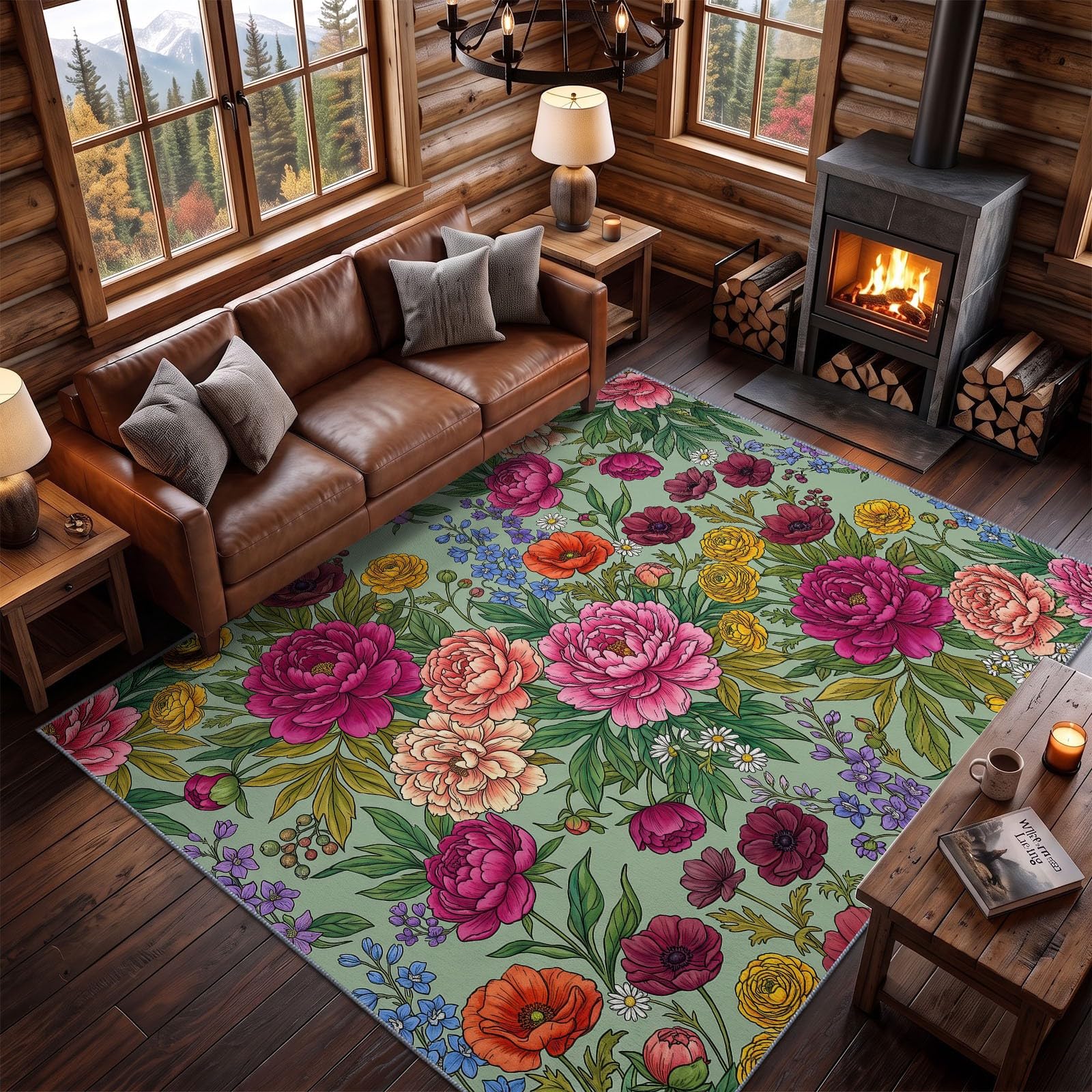 Tapis Lavable antidérapant MotifPivoineBouquetFloralFeuillesVertes