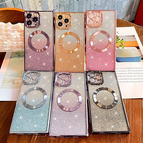 Miniatura 6 de ZIYE Funda cuadrada para iPhone 13 Pro Max magnética con purpurina compatible con MagSafe funda protectora transparente chapada para mujeres y