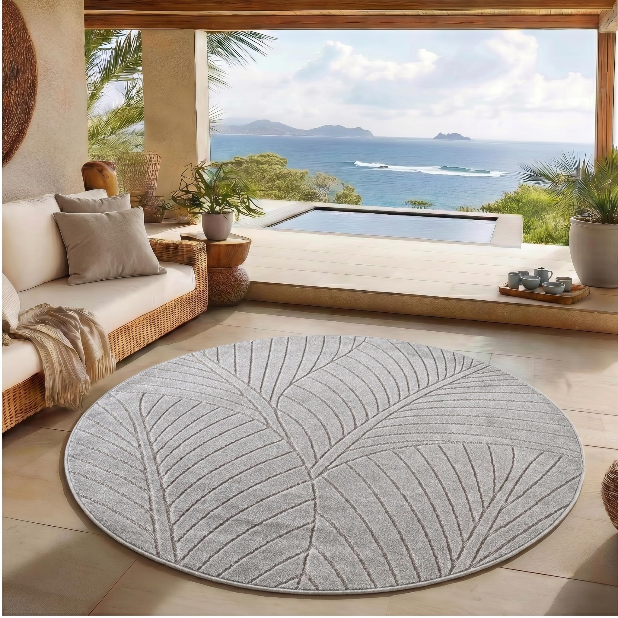 SIMPEX Kurzflor Teppich Wohnzimmer, Schlafzimmer, Küche, 3D Hoch-Tief-Effekt, Skandinavisch Boho Motiv, für Outdoor Bereich geeignet Terrassen oder im Balkon