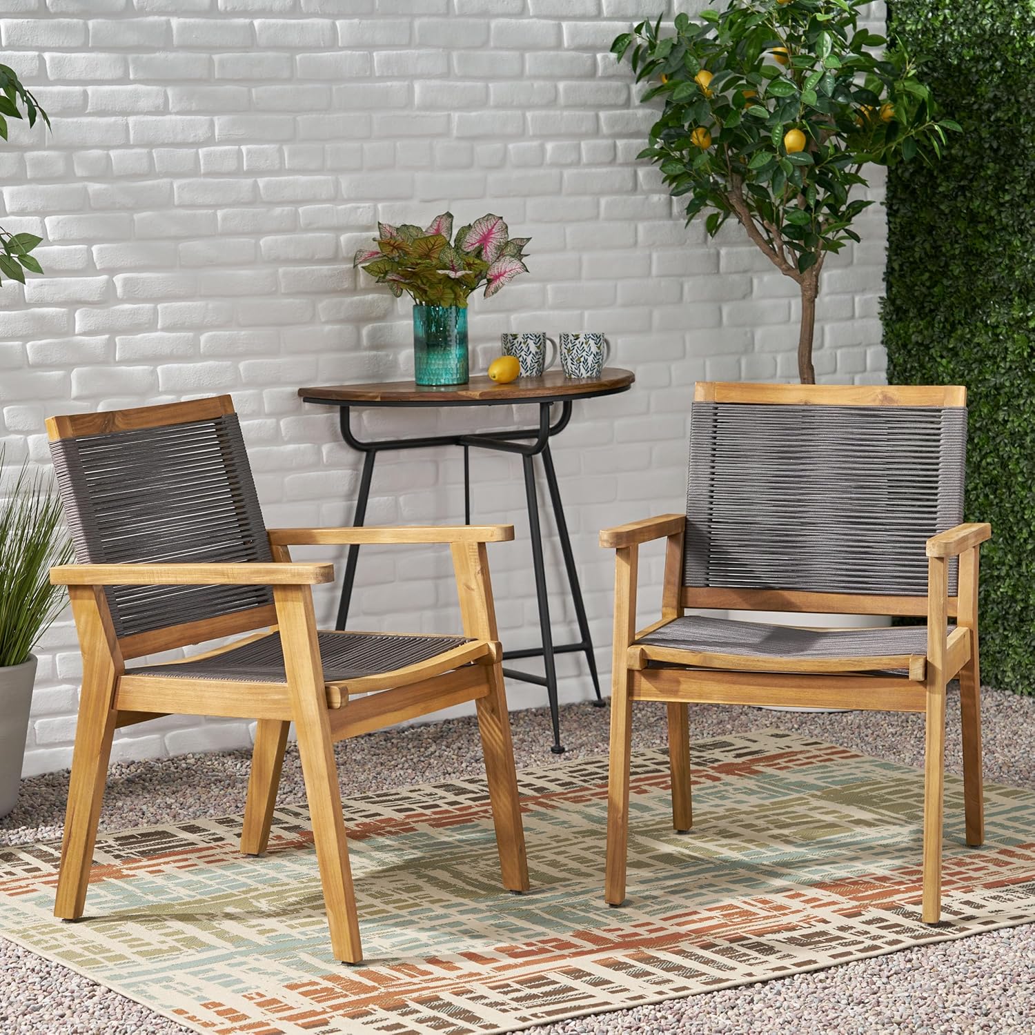 Merax Modern Lounge Armchair Set of 2, Outdoor Acacia Wood Dining Chair with Rope Seating, Leisure Chair for Living Room, Patio, Poolside, Garden, Indoor, Dark Gray