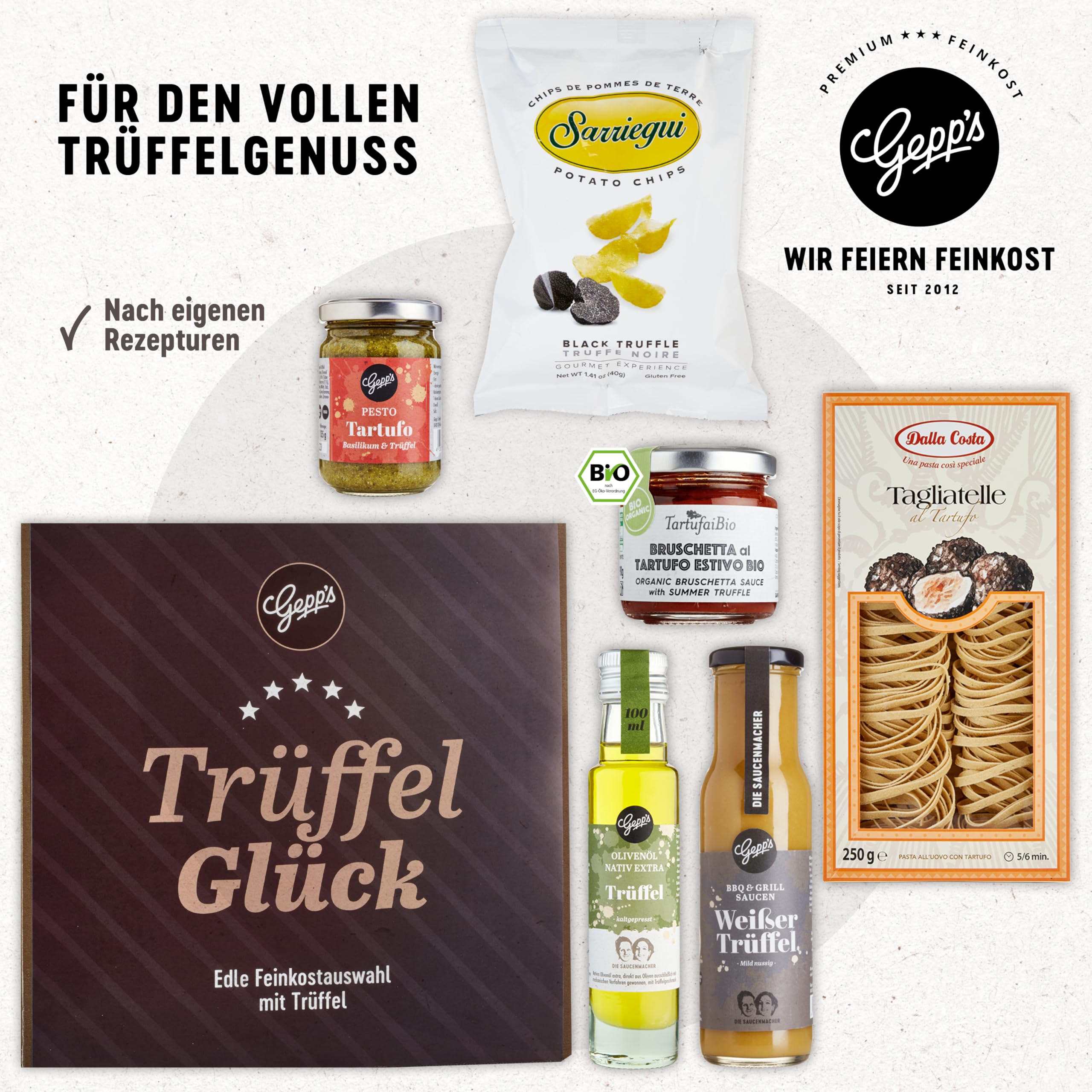 Gepp’s Feinkost Trüffelglück Geschenkbox mit Sommertrüffel Bruschetta, Trüffelpesto, weißem Trüffelöl, Single Tartufo Nero, Weißer Trüffel Sauce & Pasta