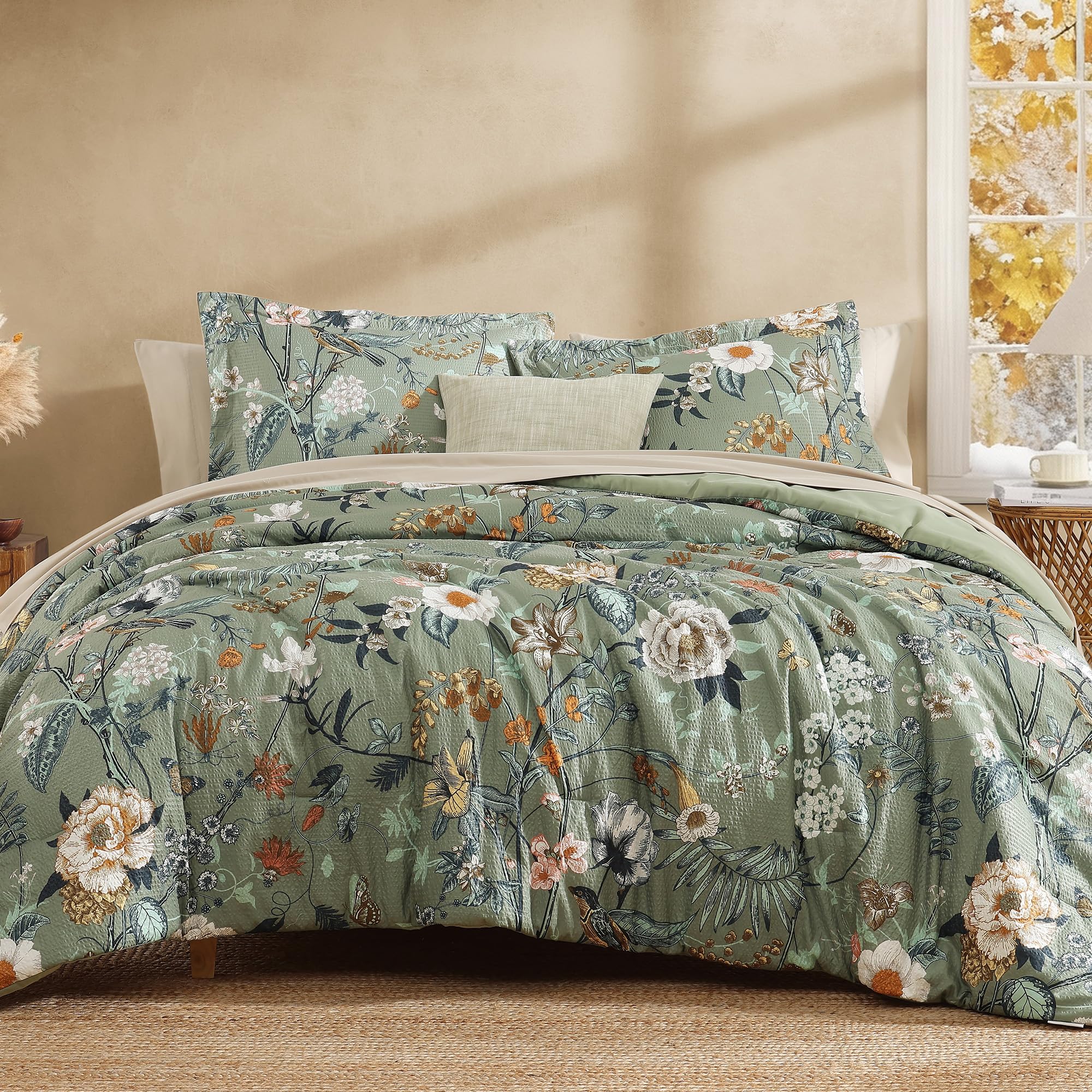 CASAAGUSTO King Size Comforter Set - 7 Pieces Green Floral Bedding Sets, King Bed in a Bag with Botanical Butterfly Comforter, Sheets, Pillowcases & Shams for All Seasons