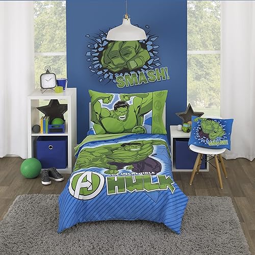 Marvel The Incredible Hulk - The Big Guy - Juego de cama infantil de 4 piezas azul y verde - edredón, sábana bajera ajustable, sábana encimera y