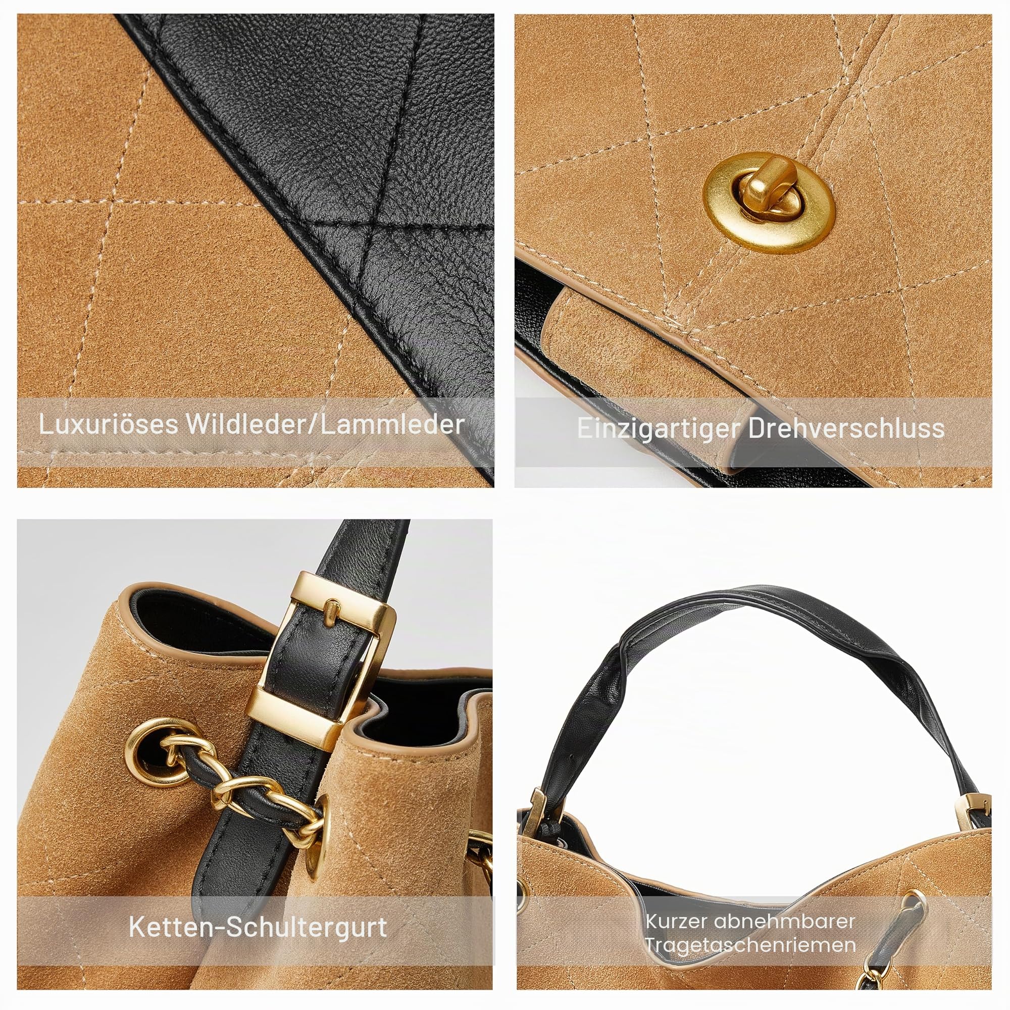 DORIS&JACKY Gesteppte Wildleder-Tragetasche für Damen, Designer-Lammfell-Umhängetasche und Handtaschen mit Kettenriemen