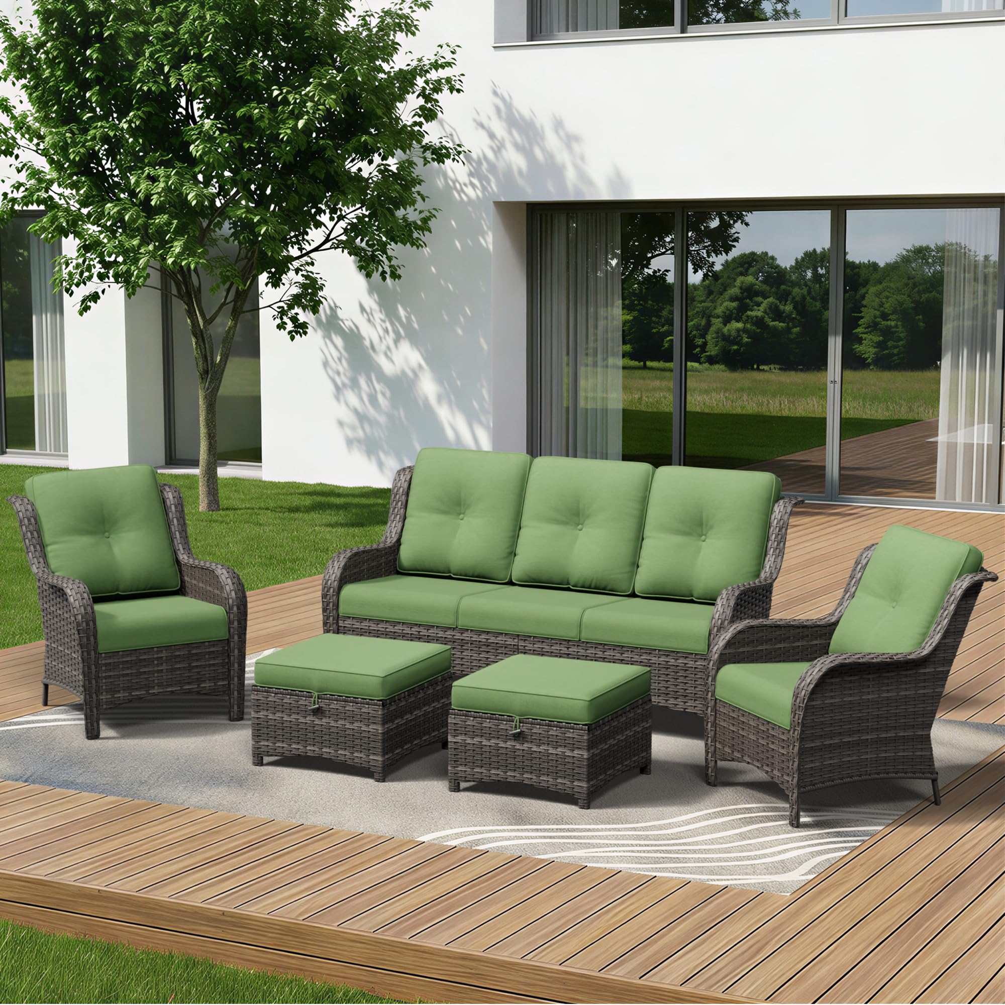 Gardenbee 5 Piece Outdoor Wicker Patio Furniture Set, Patio Chairs Set with Thickened Olefin Cushions, High Back and Deep Seating, Hand-Woven PE