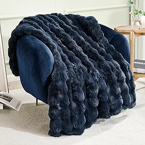 JONIYEAR Soft Fuzzy Bubble Faux Rabbit Fur Throw Blanket for Couch 50" x 60", Double Sided Textured Warm Fluffy Blanket for Winter,Luxury Cozy Puffy Shaggy Comfy Furry Blankets for Sofa Bed, Navy Blue