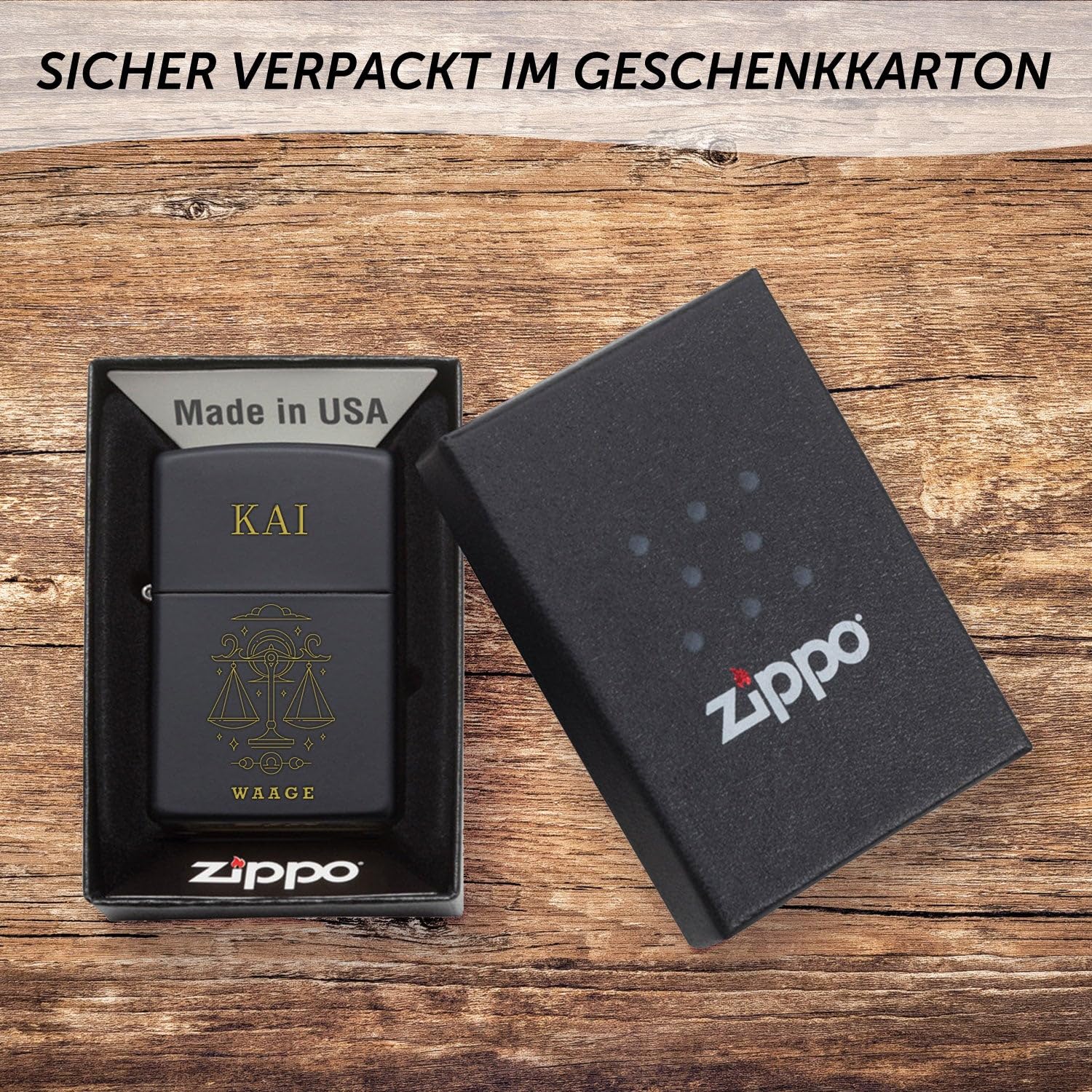 GRAVURZEILE x ZIPPO Personalisiertes Sturmfeuerzeug - Sternzeichen - Hochwertige Lasergravur - Sturmfeuerzeug - Windfest & Langlebig - Nachfüllbar - Personalisierte Geschenke für Männer