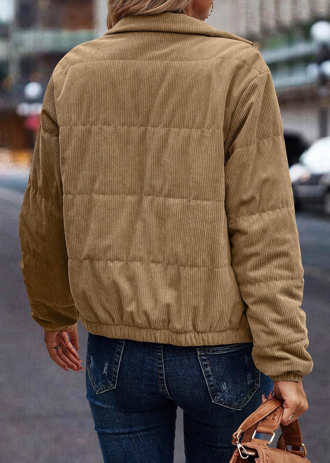 Angashion Women's Bomber Jacket Corduroy Ribbed Quilted Zip Up Long Sleeve Winter Coat Fall Outerwear Tops with Pockets - Image 5