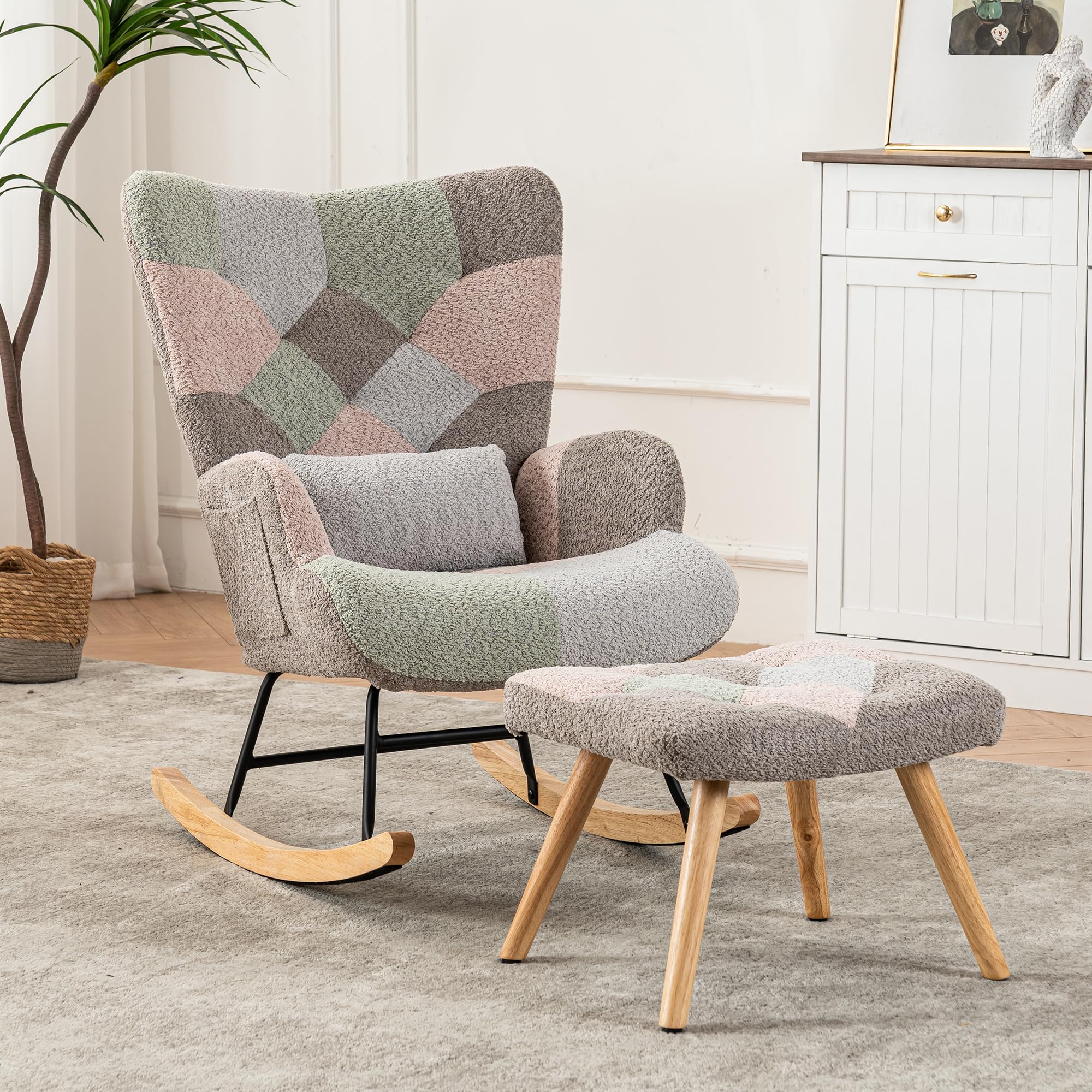 BTM Rocking Chair for Nursery, Rocking Chair with Footstool & Pillow & Side Pocket, Single Recliner for Living Room Bedroom Office, Multicolor — image 1