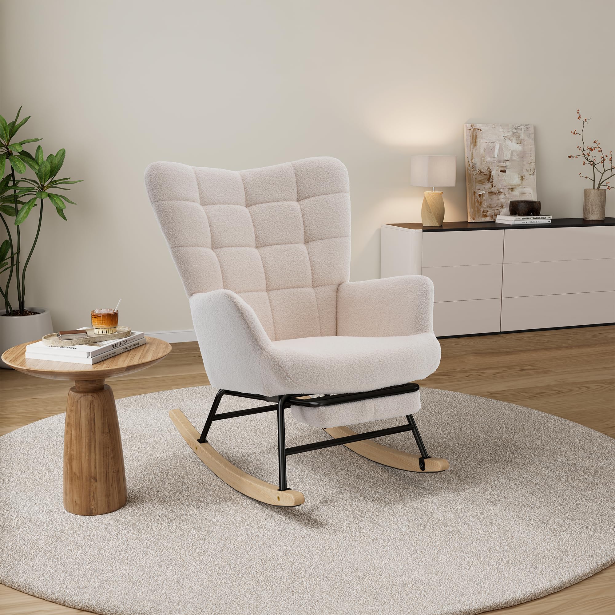Schaukelstuhl mit Fußstütze, Sherpa Sessel, Beige, Gepolstert