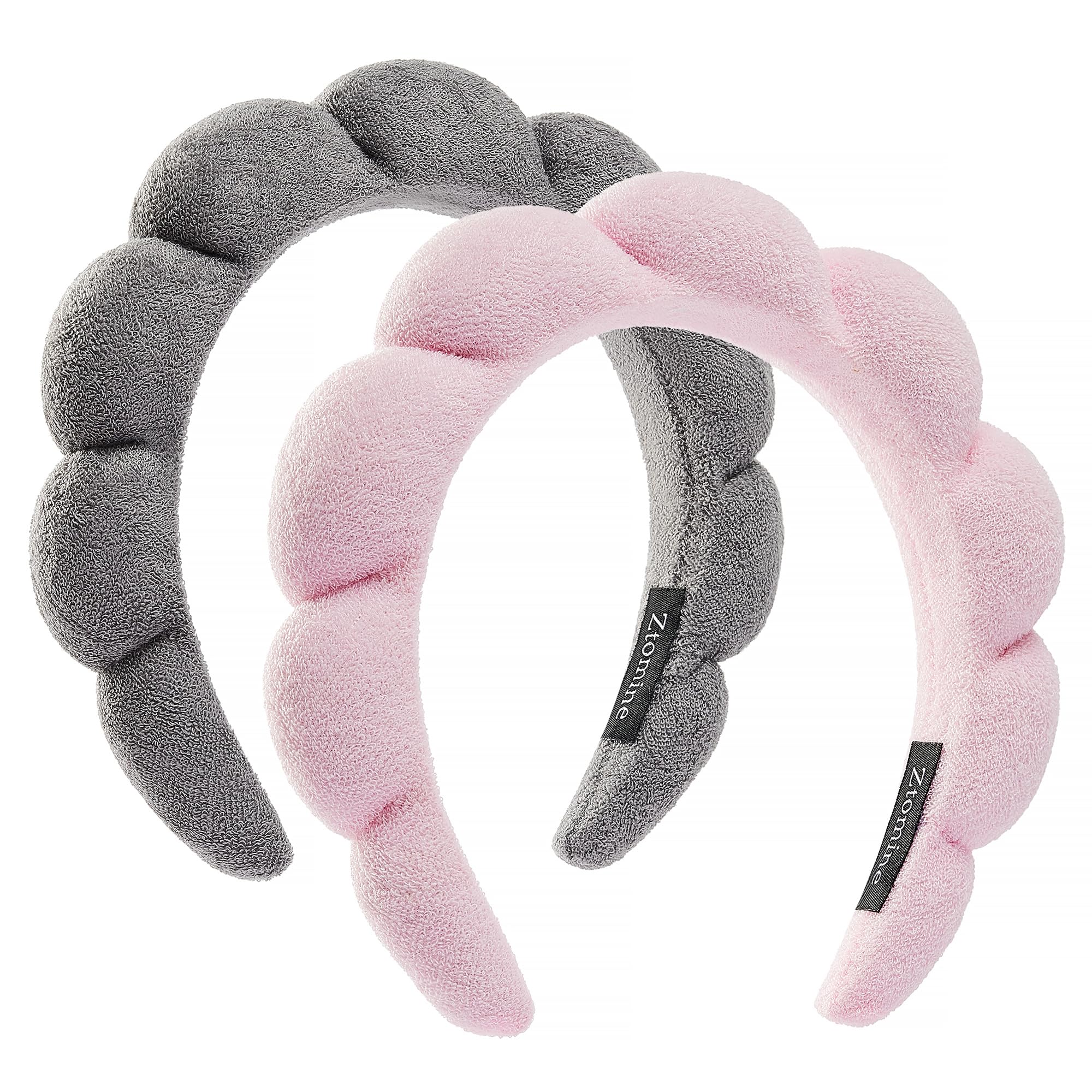 Spa Terry Cloth Headband Combo Pack - 2 Puffy Makeup Headbands for Facial Care, Face Washing, and Mask Application (Pink + Grey)