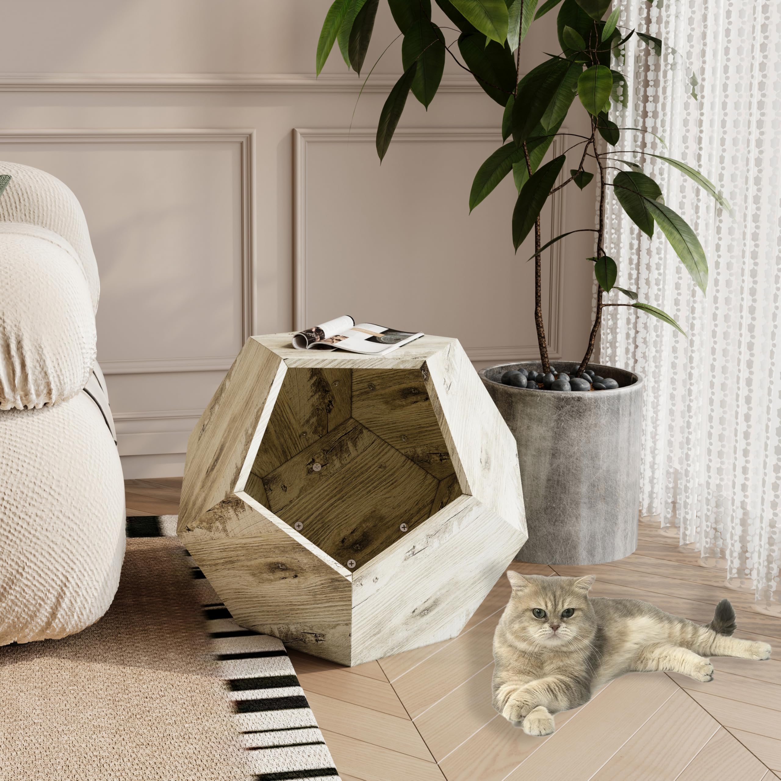 Katzenbett Katzenhöhle Katzenhaus Multifunktionales Katzenzubehör - Moderner Katzenmöbel Träger als Pflanzkübel, 66 cm aus MDF in Weißeiche
