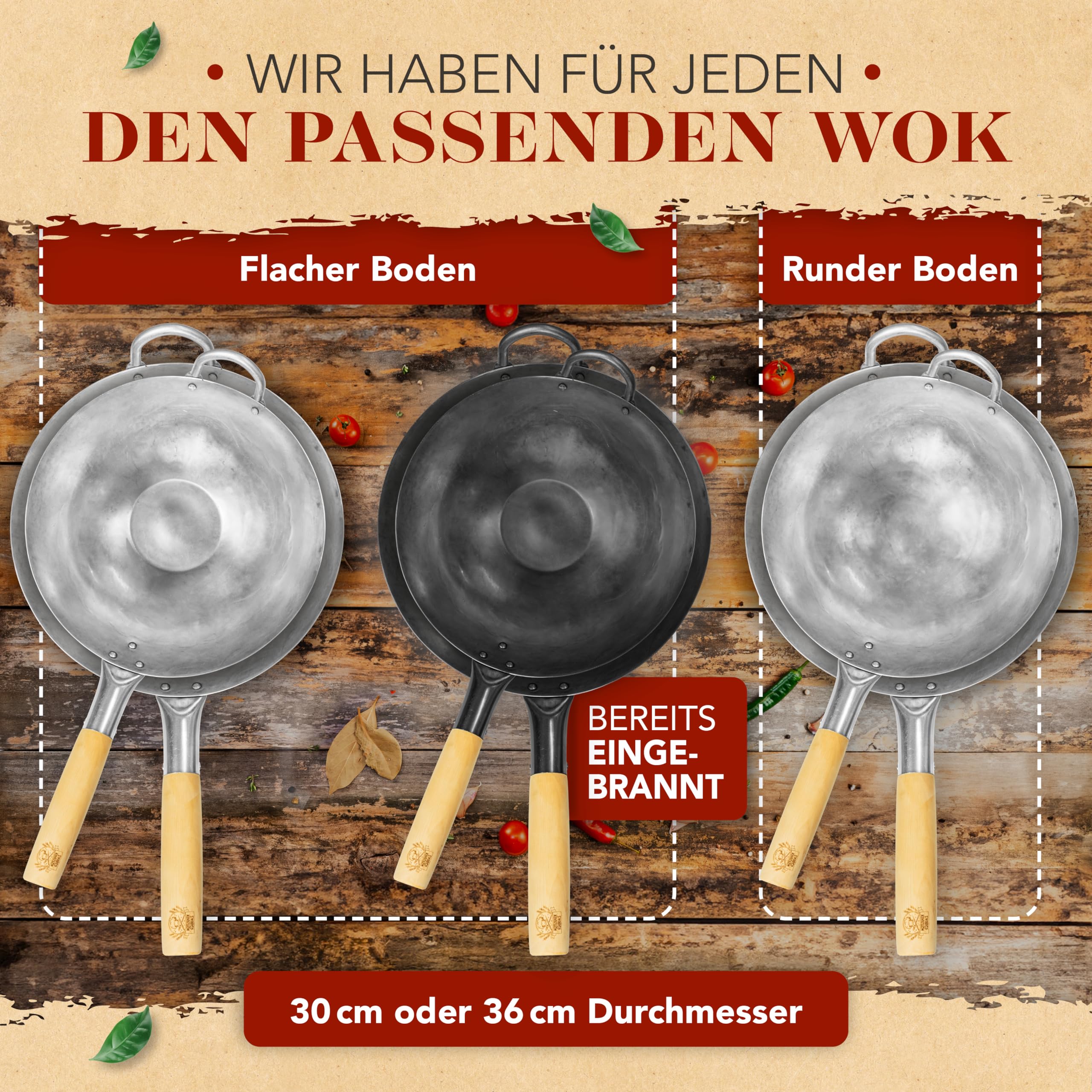 KRUSTENZAUBER 36cm Wokpfanne Induktion Voreingebrannt - Traditionelle Stahlwokpfanne Mit Wokwender und Wokring - Pfanne, Induktion, Woklette, Zubehör, Carbon Steel Karbonstahl