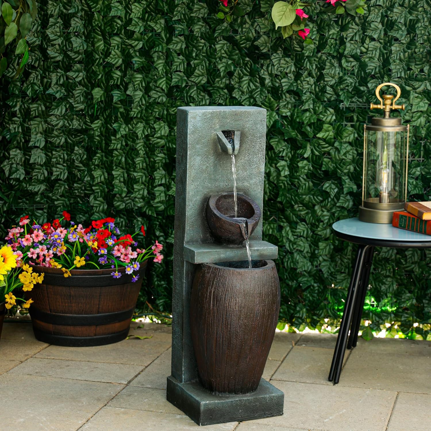 Alpine Corporation TZL388 32" 3 Tier Jar Fountain with LED Lights, Elegant Outdoor Water Feature for Garden, Patio, Backyard, Home Décor, Ceramic Water Fountain & Landscape Decorations, Gray