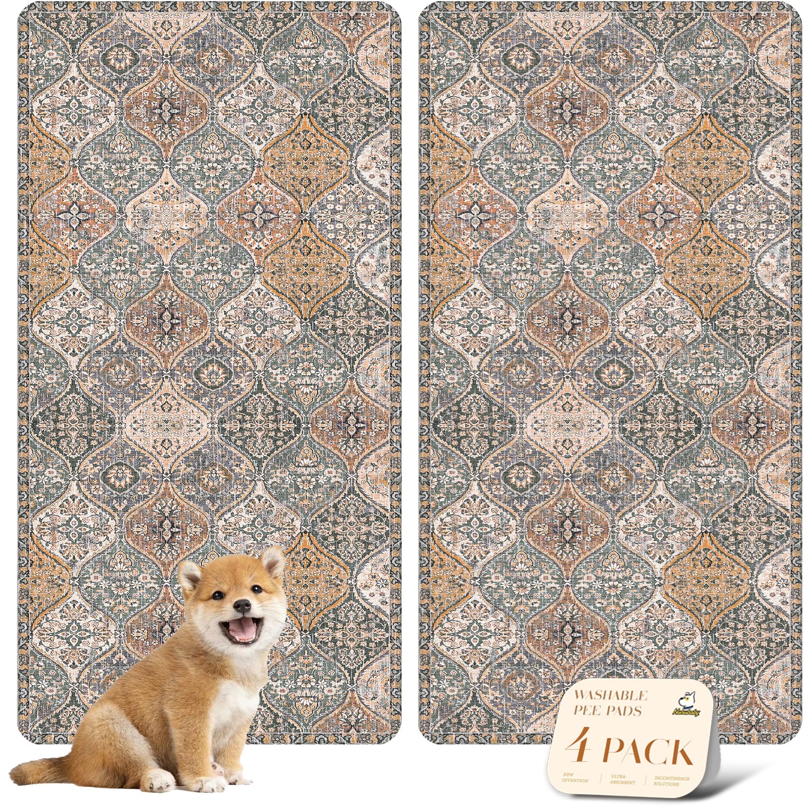 nunubaby 4PACK Washable Pee Pads for Dogs, Stylish, Non-Slip and Leak-Proof Pee Pads. Reusable Potty Pads for Dogs for Crates and Floors.(Brown/Multi,24" x48" )