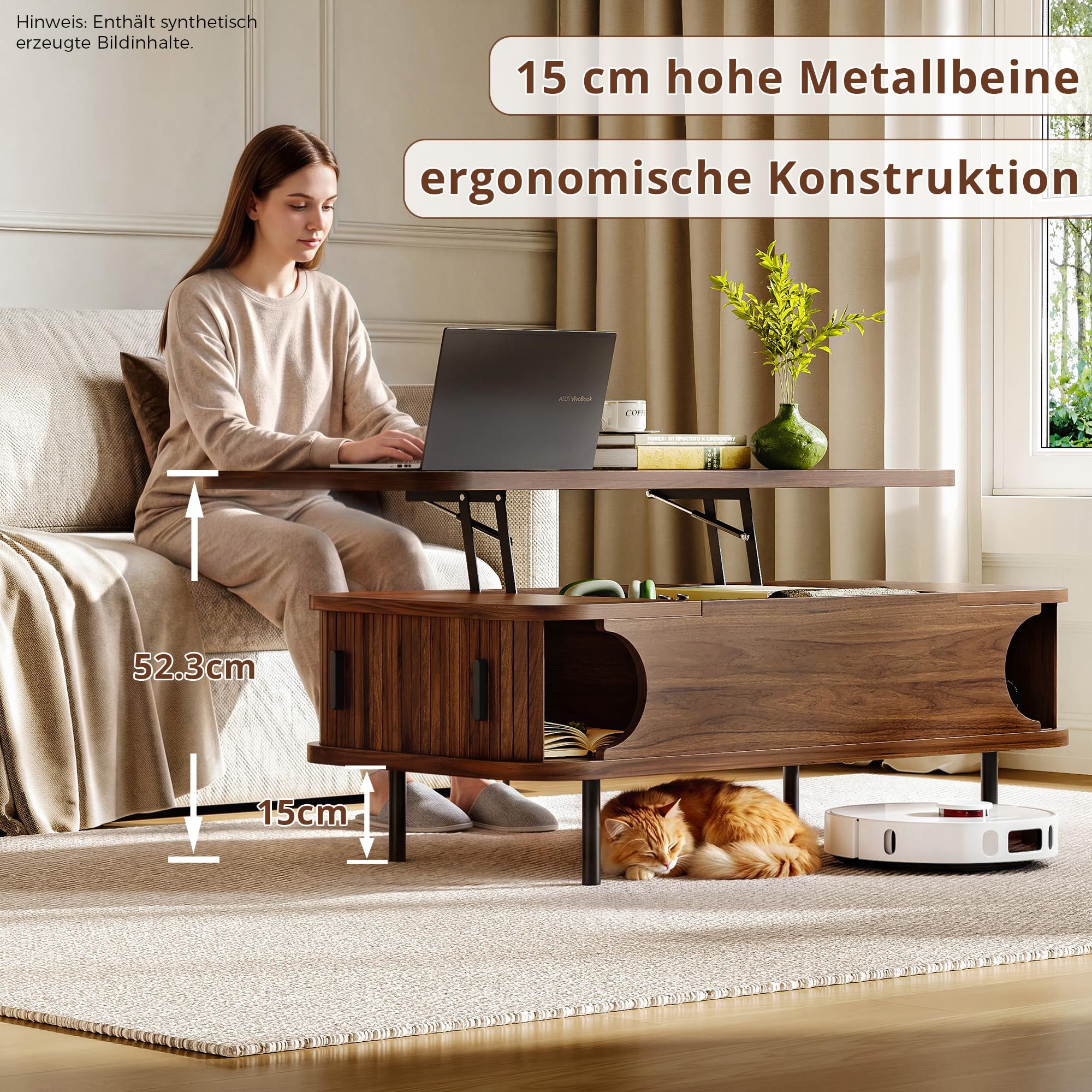 IRONCK Couchtisch höhenverstellbar, Wohnzimmertisch mit Stauraum, Holz Kaffeetisch mit Schiebetüren, verstecktes Fach, offenes Fach, für kleine Räume, Wohnzimmer, Homeoffice, 101x51x52cm, Walnüsse