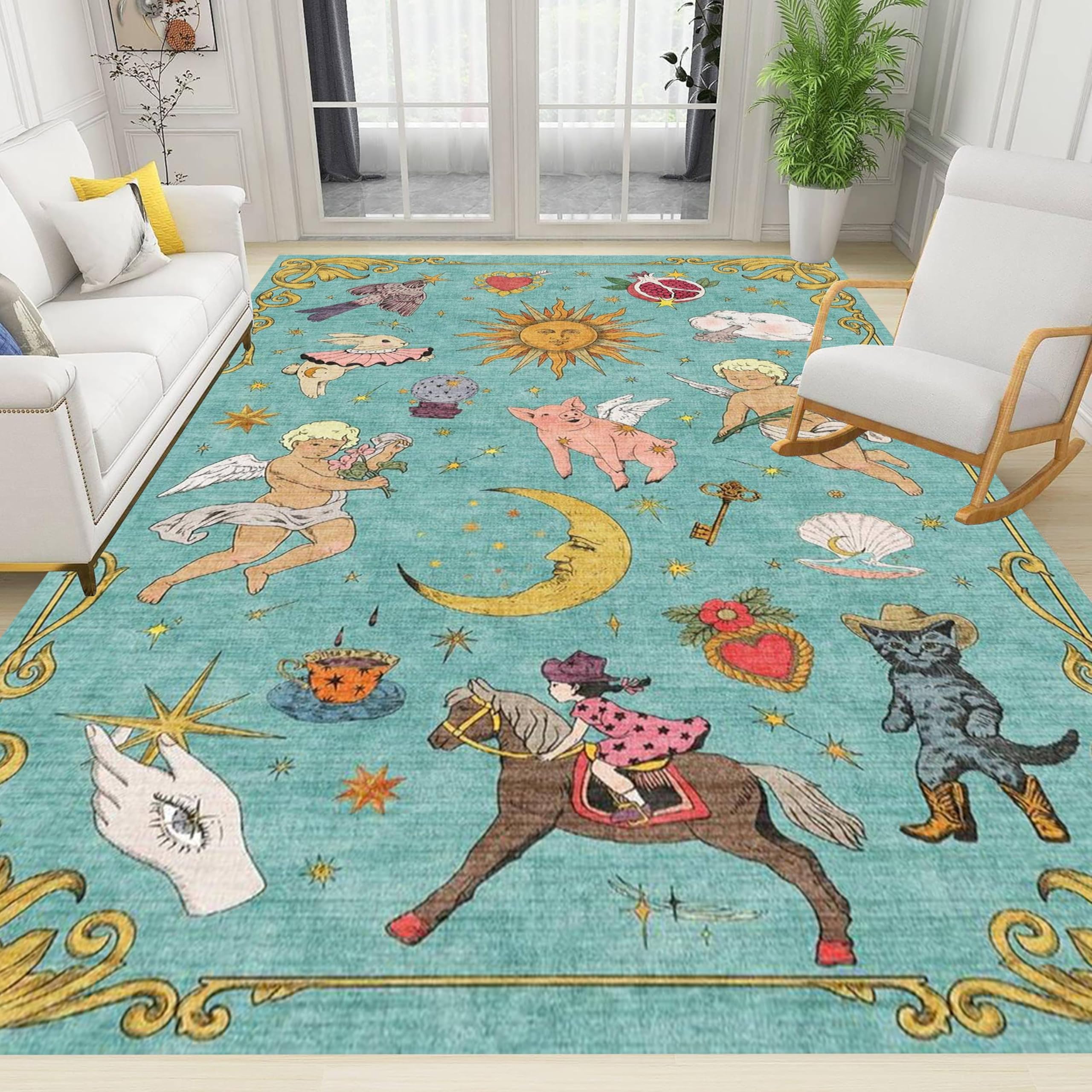 Bycmuoz Sun and Moon Area Rug, 180x300cm, Whimsical Celestial Rug for Living Room, Unique Bohemian Decor Indoor Mat, Pet Friendly Easy Clean Non Shedding Carpet for Study Room Sofa