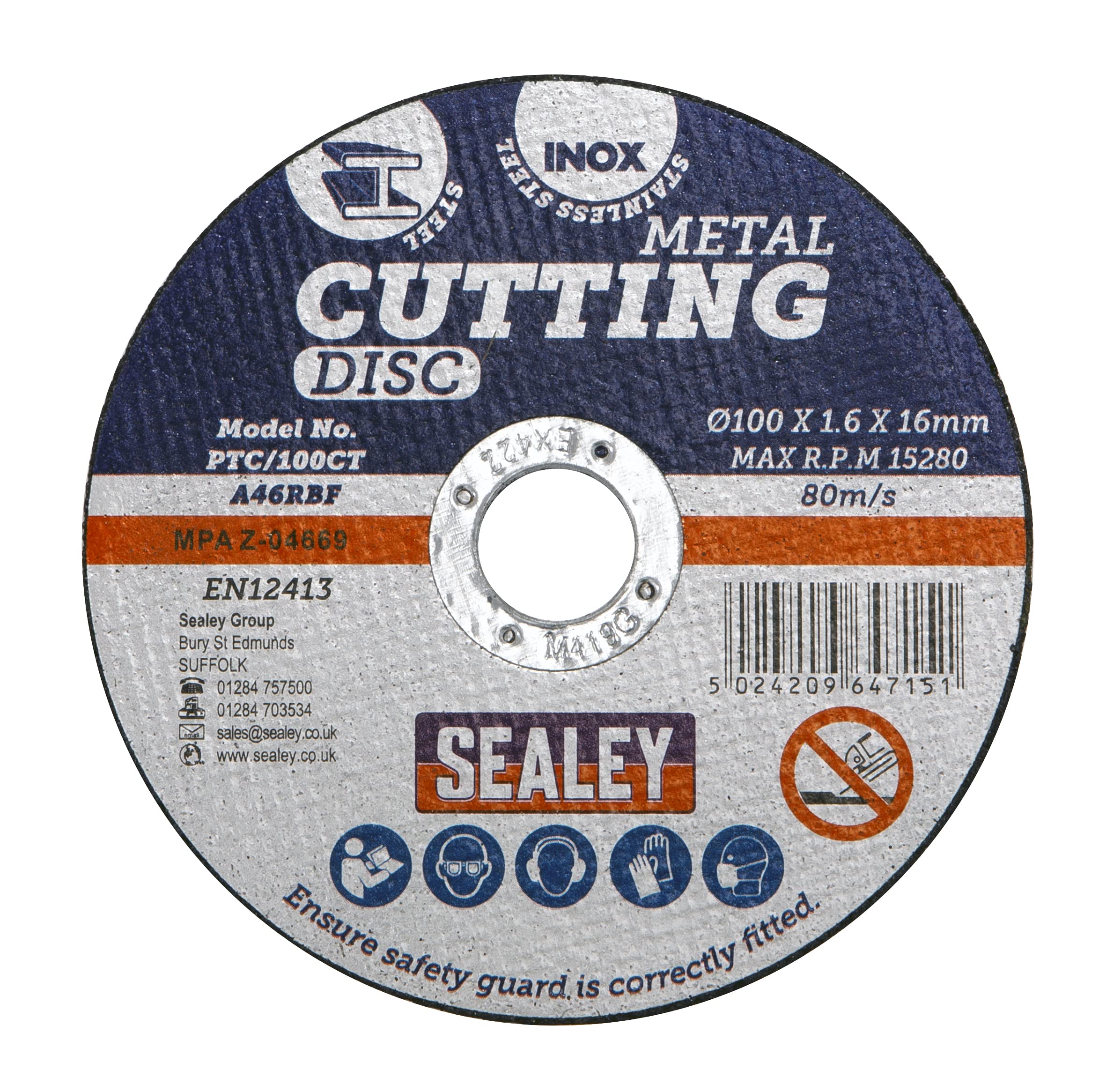 Sealey PTC/100CT50 Ø100 x 1.6mm Cutting Disc 16mm Bore Pack of 50