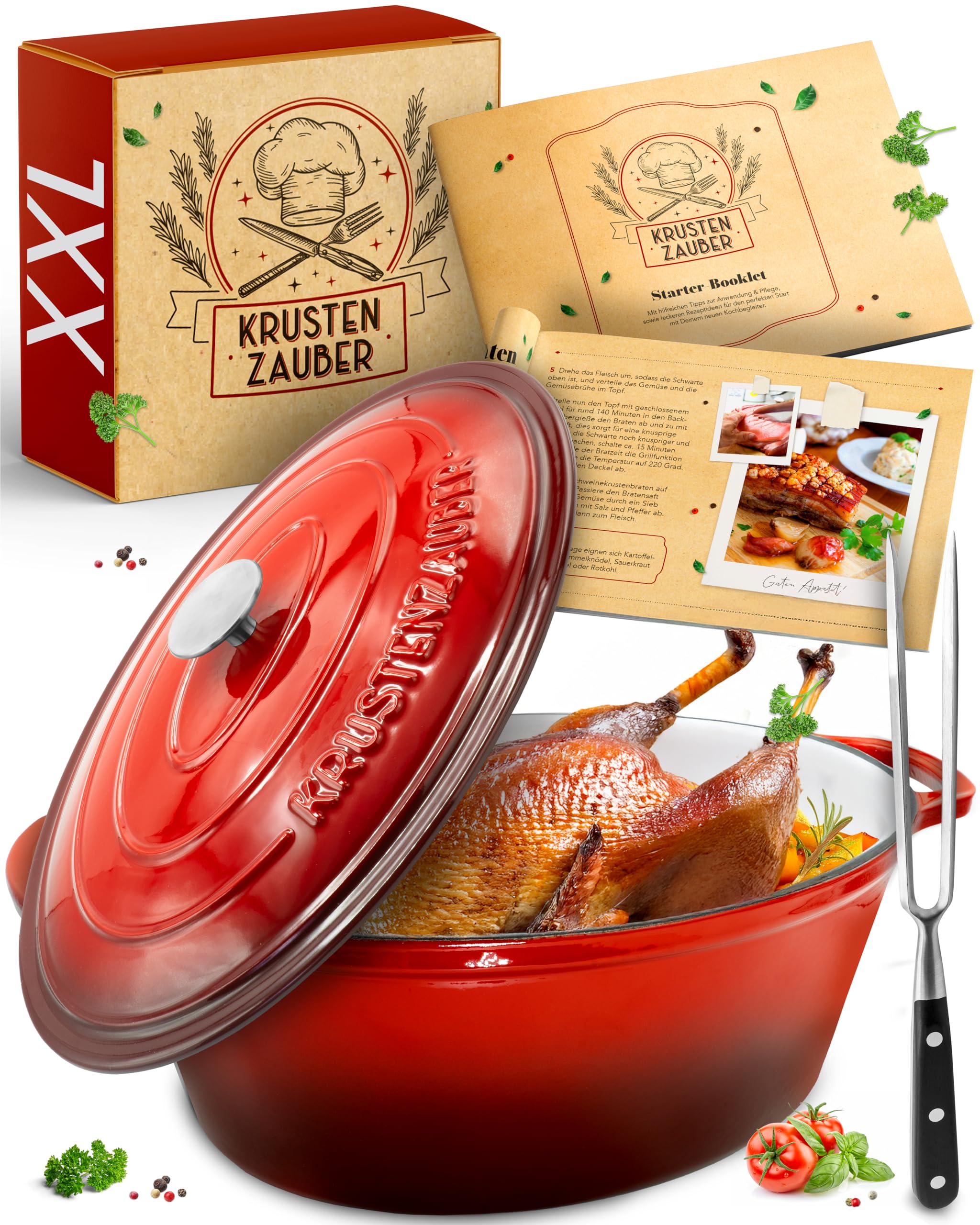 KRUSTENZAUBER 37 cm Gusseisen Bräter mit Deckel | Zartes Fleisch und aromatische Schmorgerichte, Bräter mit Deckel für Ofen & Induktion, 9 kg Gusseisen, inkl. Geflügelschere