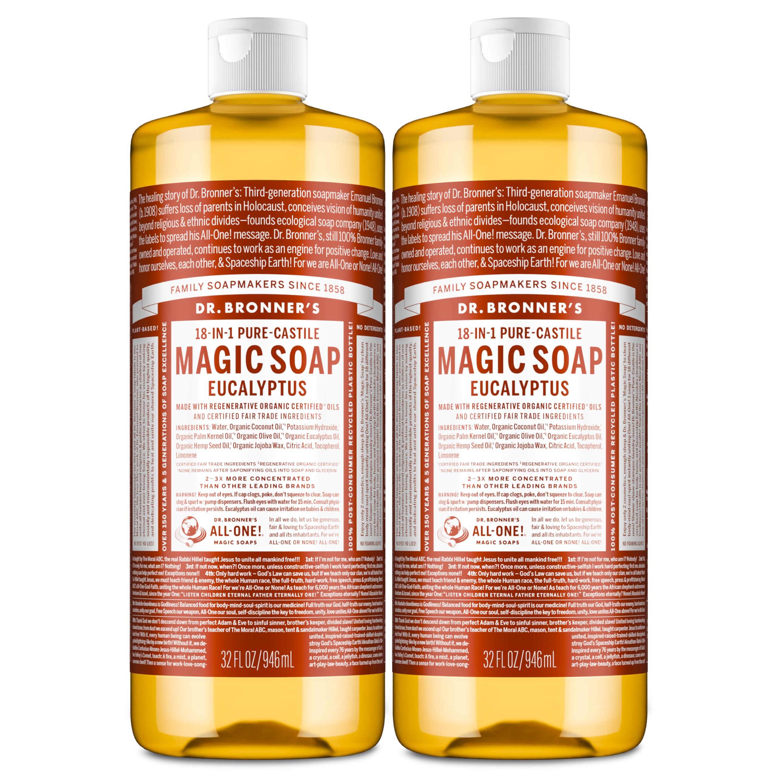 Dr. Bronner's Magic Soap - Pure-Castile Liquid Soap (Eucalyptus, 32 ounce, 2-Pack) -Regenerative Organic Certified Oils, 18-in-1 Uses: Body, Hair, Laundry, Pets & Dishes, Concentrated, Vegan, Non-GMO