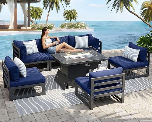 Miniatura 154 de NICESOUL 7 Piece White Powder-Coated Aluminum Patio Furniture with Fire Pit Table, 29 Inch Extra Wide Outdoor Sectional Sofa for 6, High-End Heavy