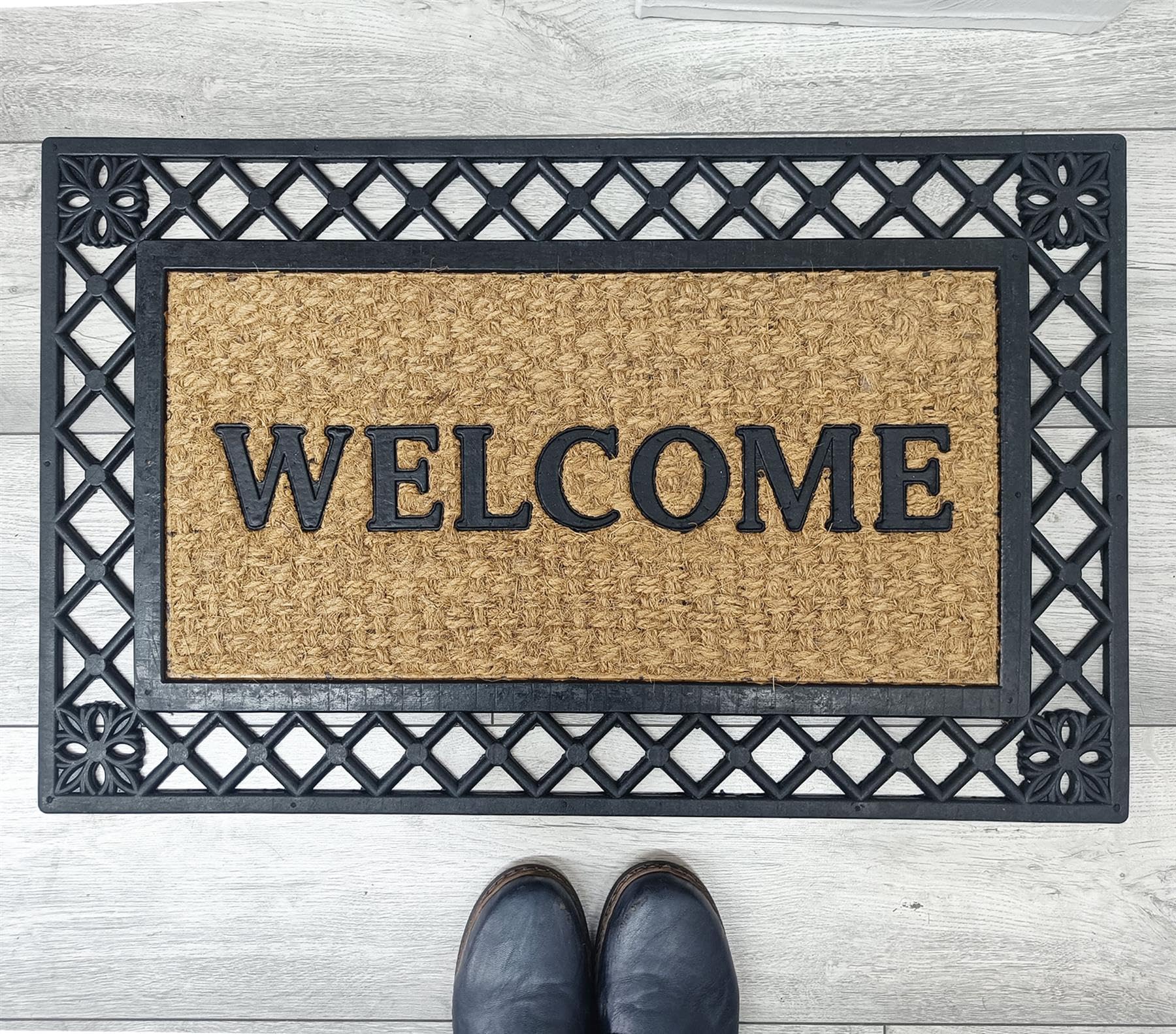 Vapinity 45 x 75cm Coir Rubber Door Mat – Heavy Duty Non-Slip Outdoor Doormat for Garden, Patio, Front Door, Indoor Entrance – Large Welcome Mat, Natural Coir with Durable Rubber Elements [Design05]