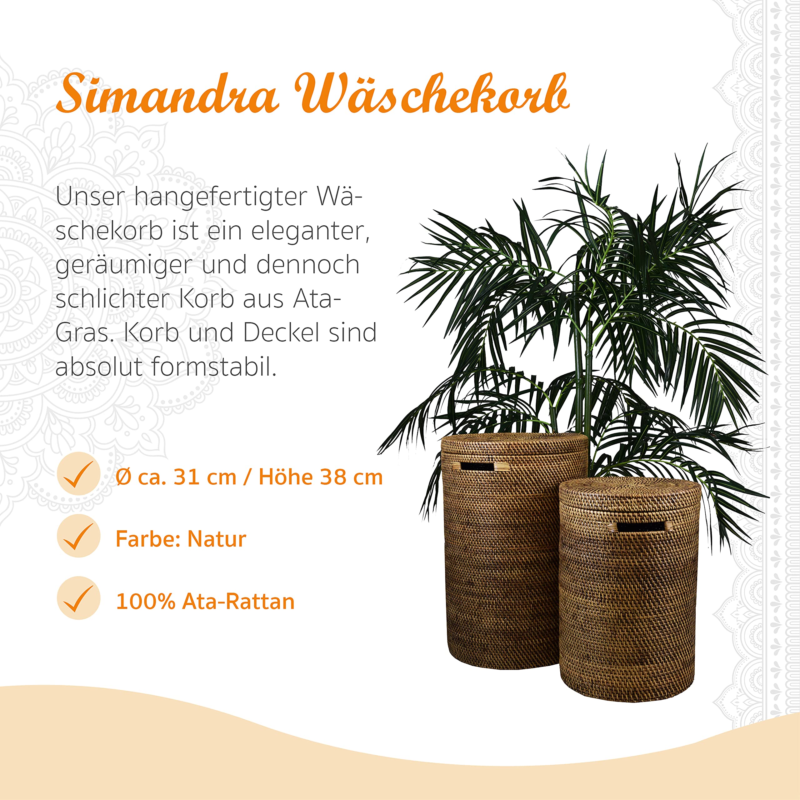Simandra Wäschekorb mit Deckel, groß I Dekorativer Aufbewahrungskorb aus robustem Ata-Gras I Abmessungen: 40 x 60 cm (Durchmesser x Höhe) I Handgefertigt in Indonesien
