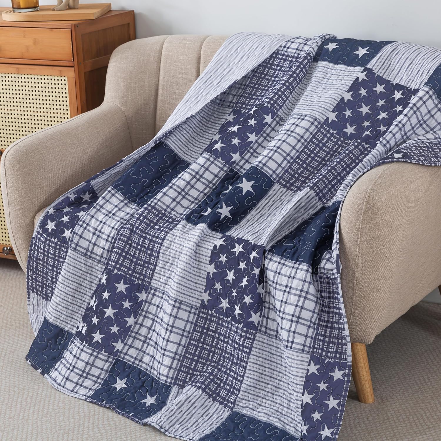 SLPR Americana Pride 50" x 60" Quilted Throw Blanket, Lightweight Patriotic Throw Quilt for Couch and Bed, Blue and White Lightweight Lap Quilt with Star and Plaid Pattern - Image 5